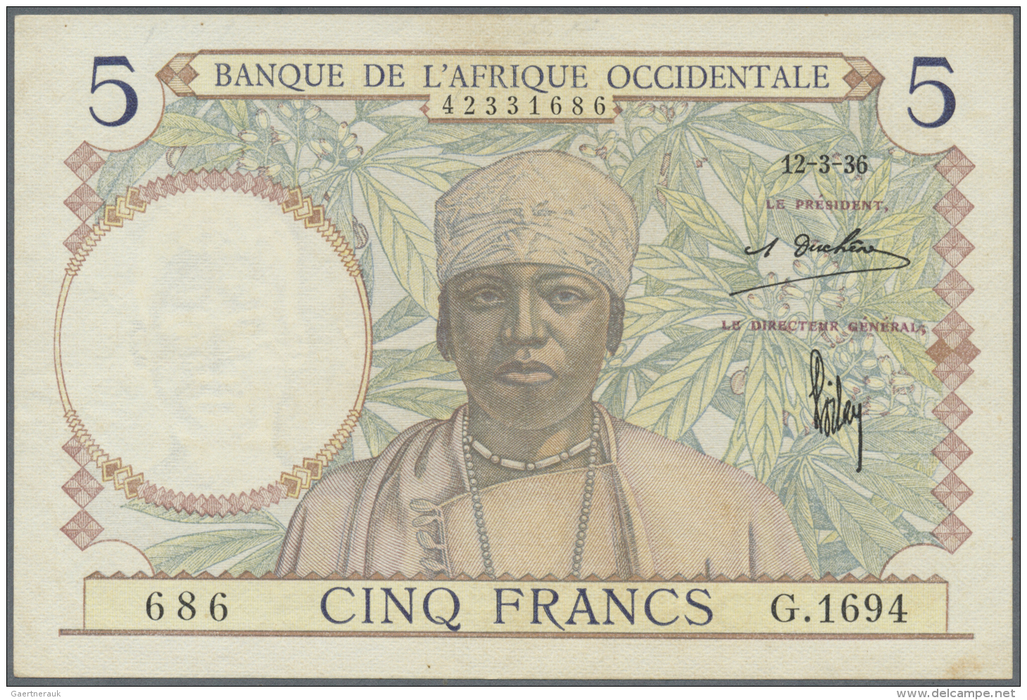 French West Africa / Franz&ouml;sisch Westafrika: 5 Francs Banque De L'Afrique Occidentale March 12th 1936, P.21, Slight - États D'Afrique De L'Ouest