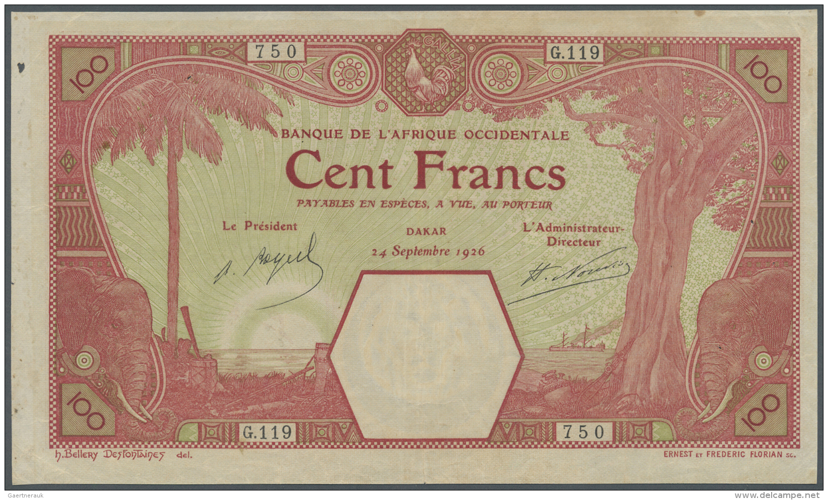 French West Africa / Franz&ouml;sisch Westafrika: 100 France 1926 P. 11Bb, Upper And Right Border Trimmed, Pinholes At U - États D'Afrique De L'Ouest