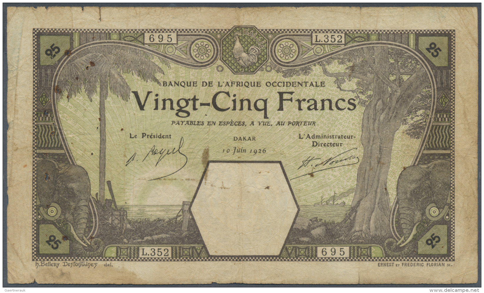French West Africa / Franz&ouml;sisch Westafrika: 25 Francs 1926 DAKAR P. 7Bc, Used With Stained Paper, Several Small Ho - Stati Dell'Africa Occidentale