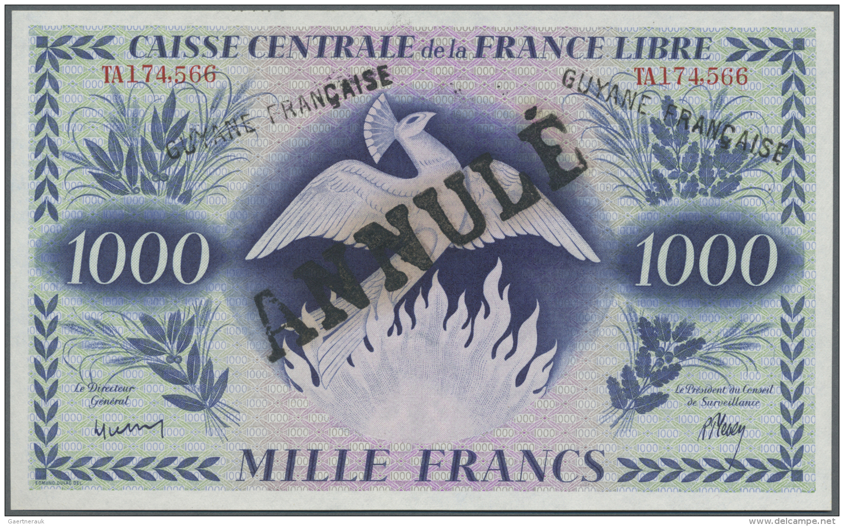 French Guiana / Franz&ouml;sisch-Guayana: 1000 Francs L.02.12.1941 With Black Handstamp "GUYANE FRAN&Ccedil;AISE" Twice - Guyana Francese