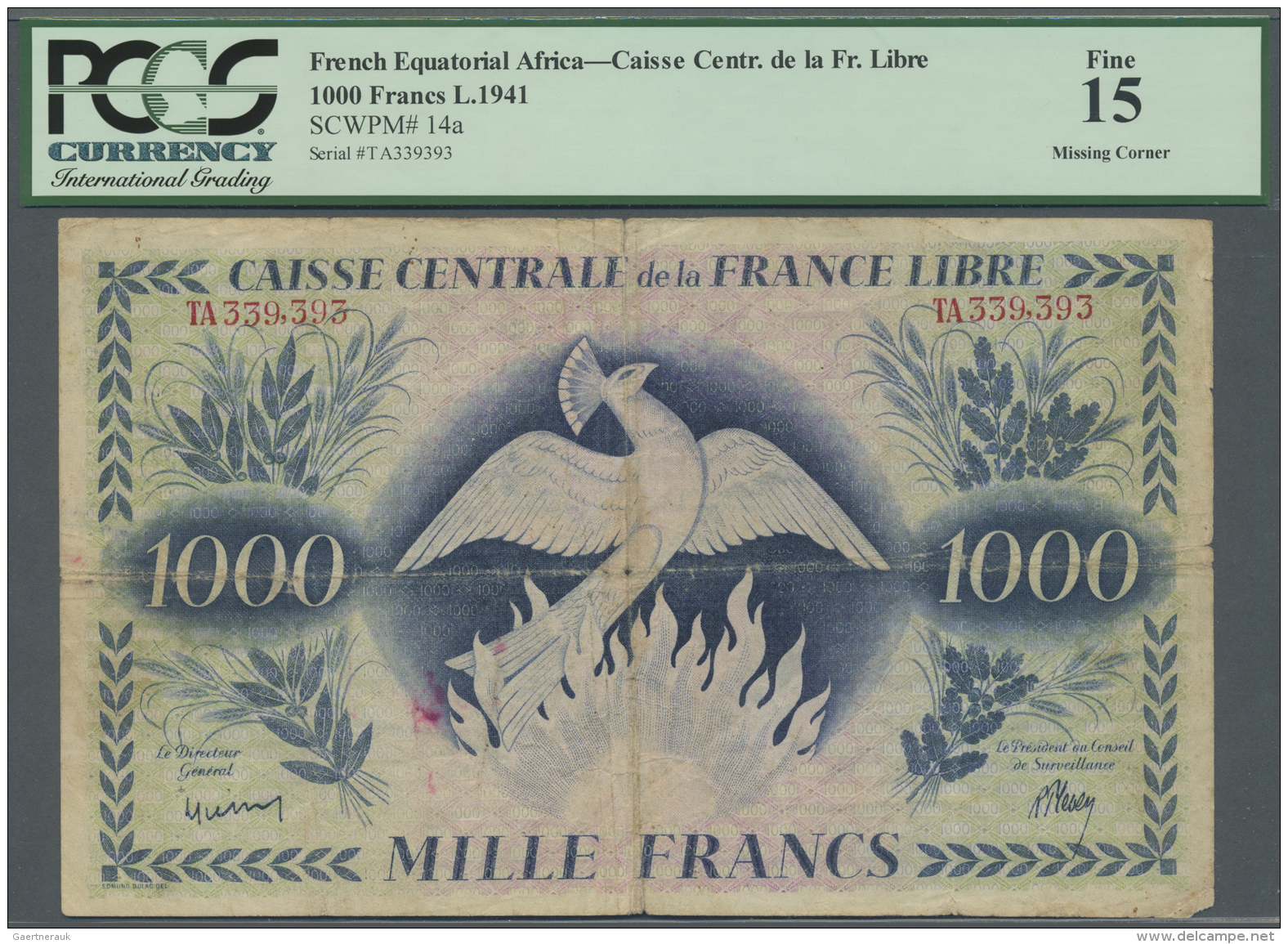 French Equatorial Africa / Franz&ouml;sisch-&Auml;quatorialafrika: Rare 1000 Francs L.1941 P. 14a, PCGS Graded Fine 15 M - Guinée Equatoriale