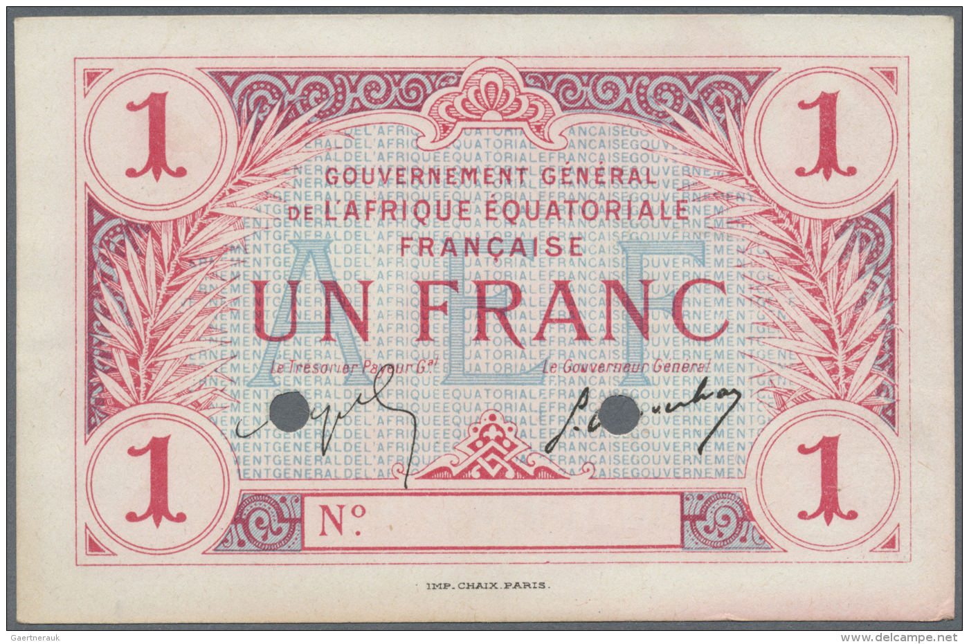 French Equatorial Africa / Franz&ouml;sisch-&Auml;quatorialafrika: 1 Franc ND(1917) Gouvernement G&eacute;n&eacute;ral D - Guinea Equatoriale