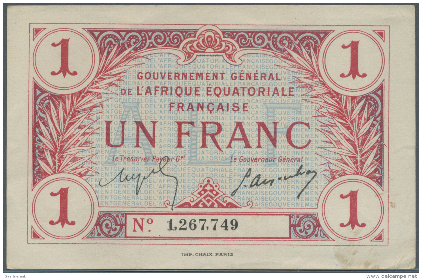 French Equatorial Africa / Franz&ouml;sisch-&Auml;quatorialafrika: 1 Franc 1919 P. 2a, W/o Watermark, Light Center Bend, - Guinée Equatoriale