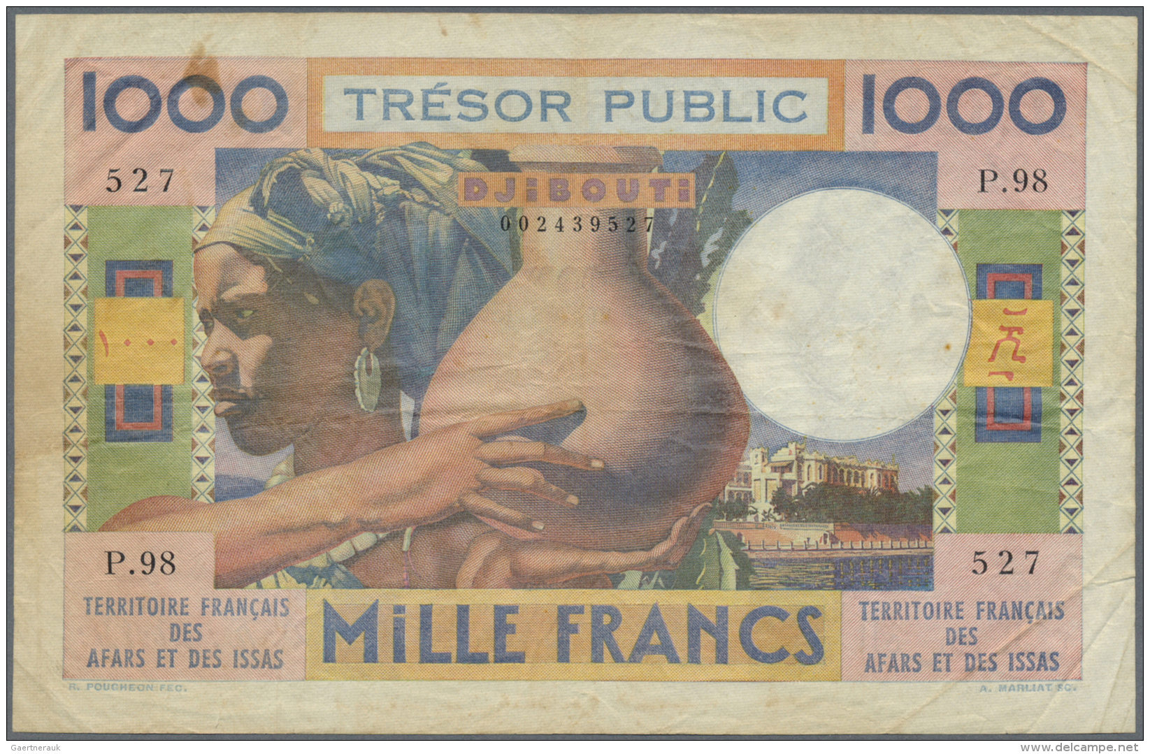 French Afars &amp; Issas: 1000 France 1974 P. 32, Used With Folds And Creases But No Holes Or Tears, Still Strong Paper - Altri & Non Classificati
