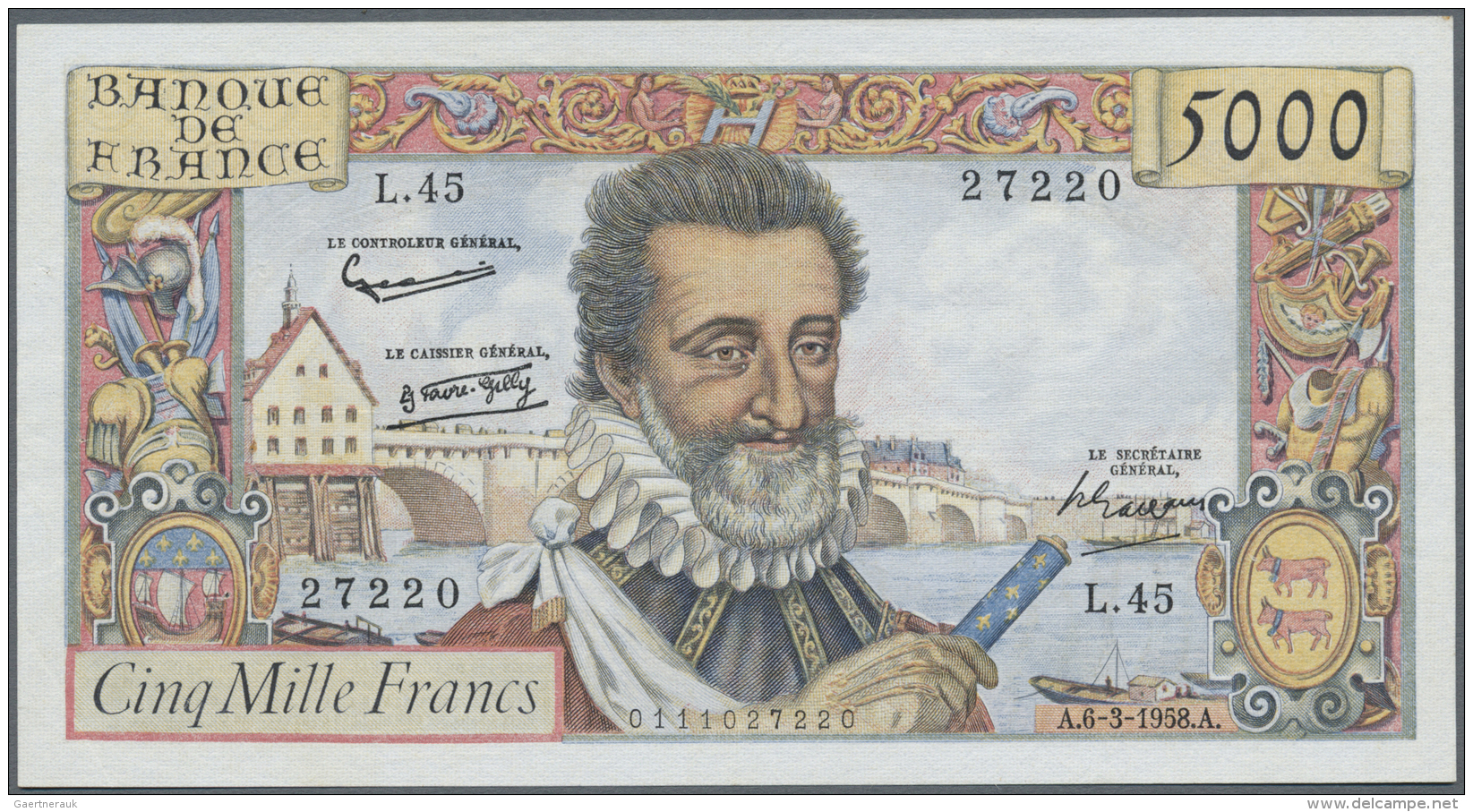 France / Frankreich: 5000 Francs 1958 P. 135a, Center Fold And Horizontal Fold, Pressed, A Few Pinholes At Left, No Tear - Altri & Non Classificati