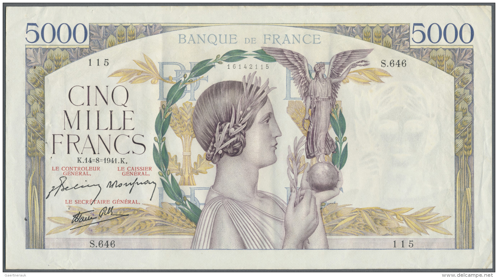 France / Frankreich: 5000 Francs August 14th 1941 With Signatures: Belin / Rousseau / Favre-Gilly, P.97c, Excellent Cond - Autres & Non Classés
