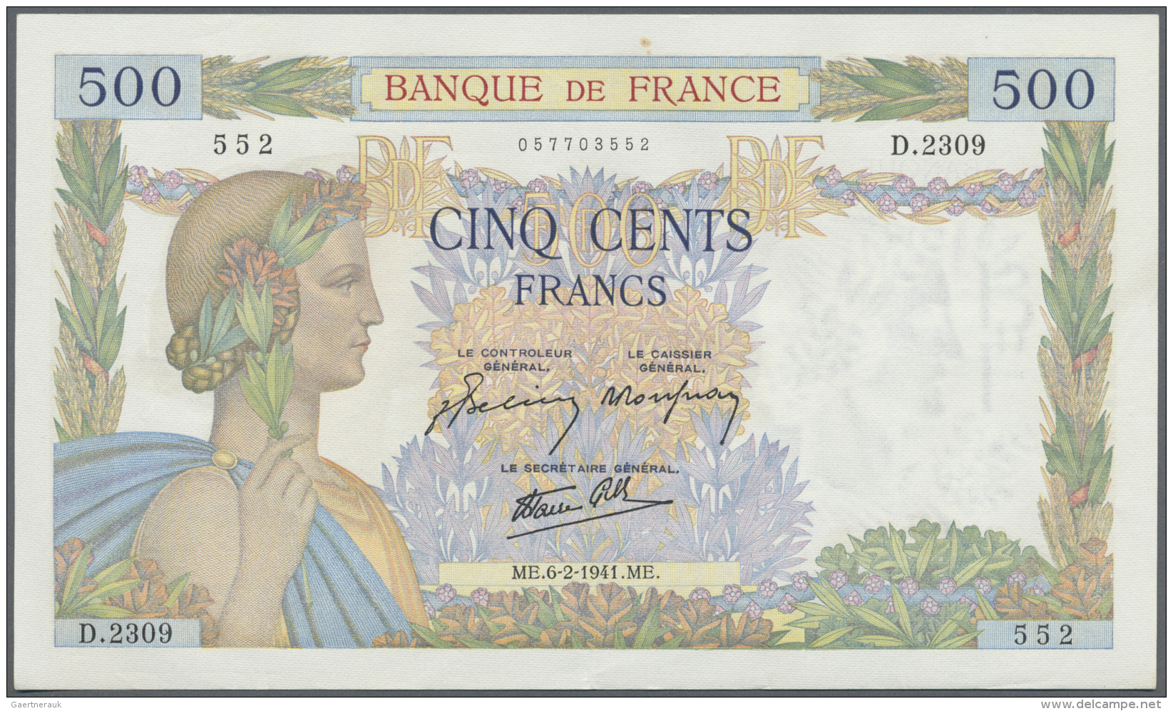 France / Frankreich: 500 Francs February 6th 1942, Signature Belin / Rousseau / Favre-Gilly, P.95b, Excellent Condition - 1955-1959 Overprinted With ''Nouveaux Francs''