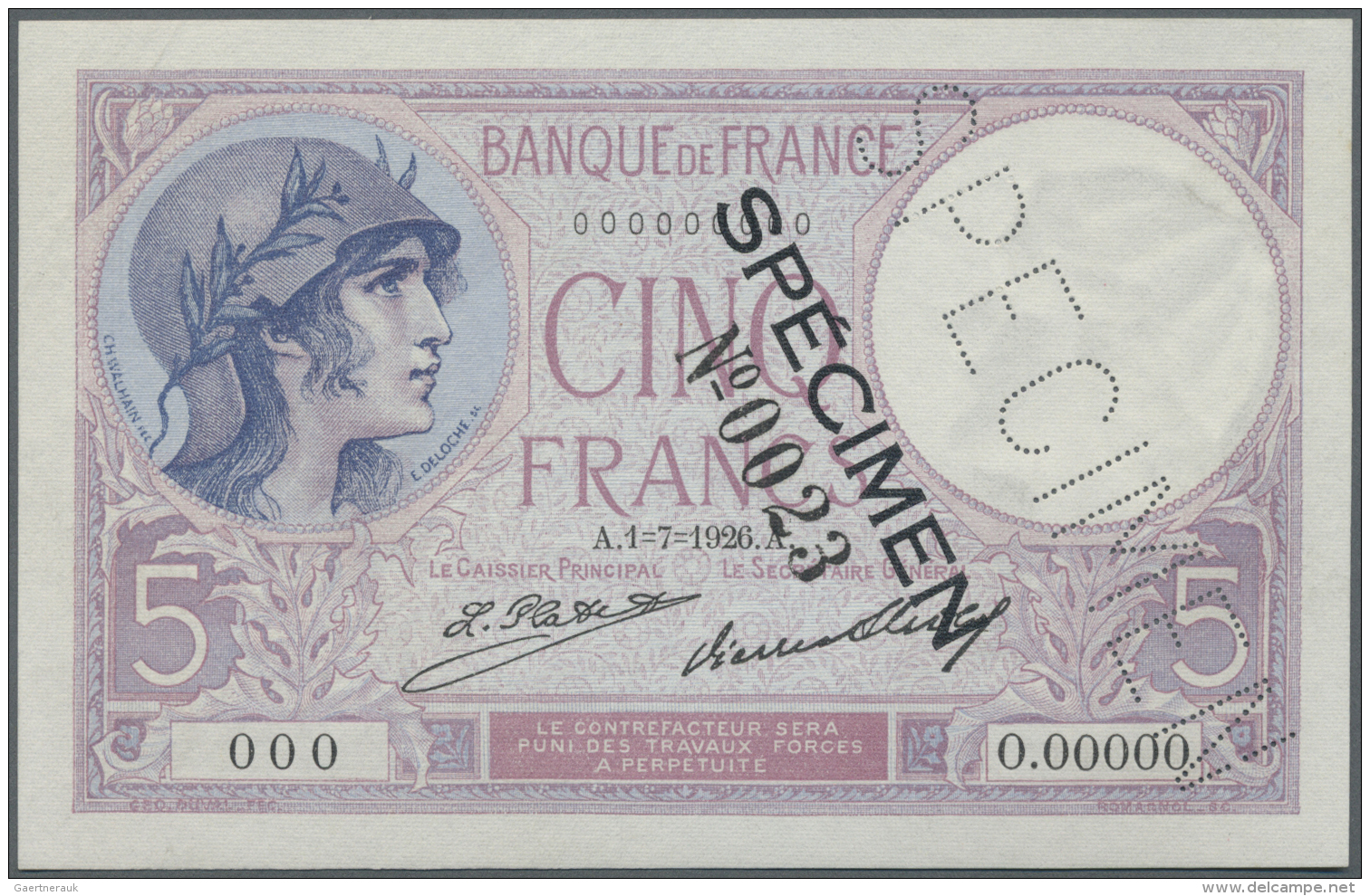 France / Frankreich: 5 Francs 1926 Specimen P. 72Ds, With Specimen Perforation, Black Specimen Overprint, Zero Serial Nu - 1955-1959 Surchargés En Nouveaux Francs