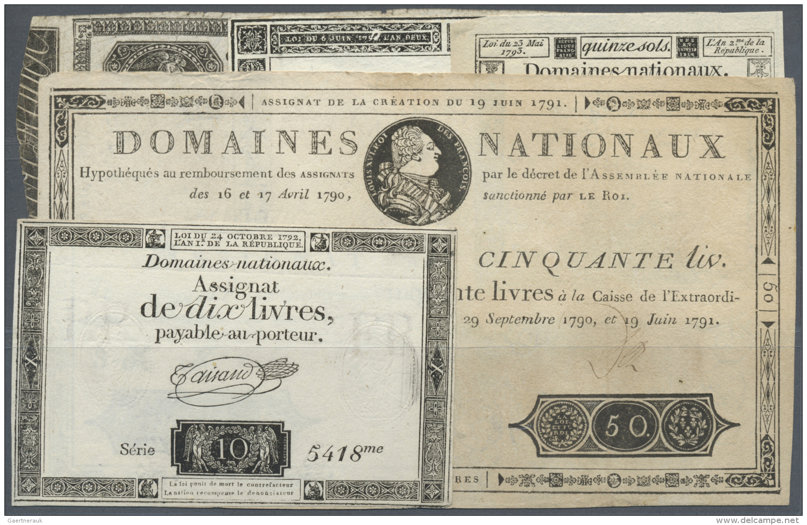 France / Frankreich: Set Of 5 Different Assignats Containing 50 Livres 1791 P. A43 (F), 10 Livres 1792 P. A51 (VF), 15 S - 1955-1959 Surchargés En Nouveaux Francs