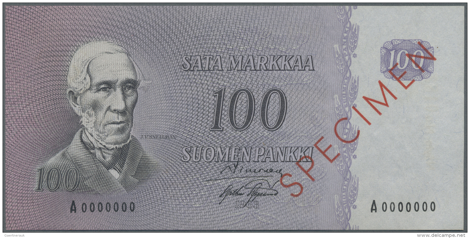 Finland / Finnland: 100 Markkaa 1963 Specimen P. 106s, Zero Serial Numbers, Red Specimen Overprint, Light Dints At Right - Finlandia