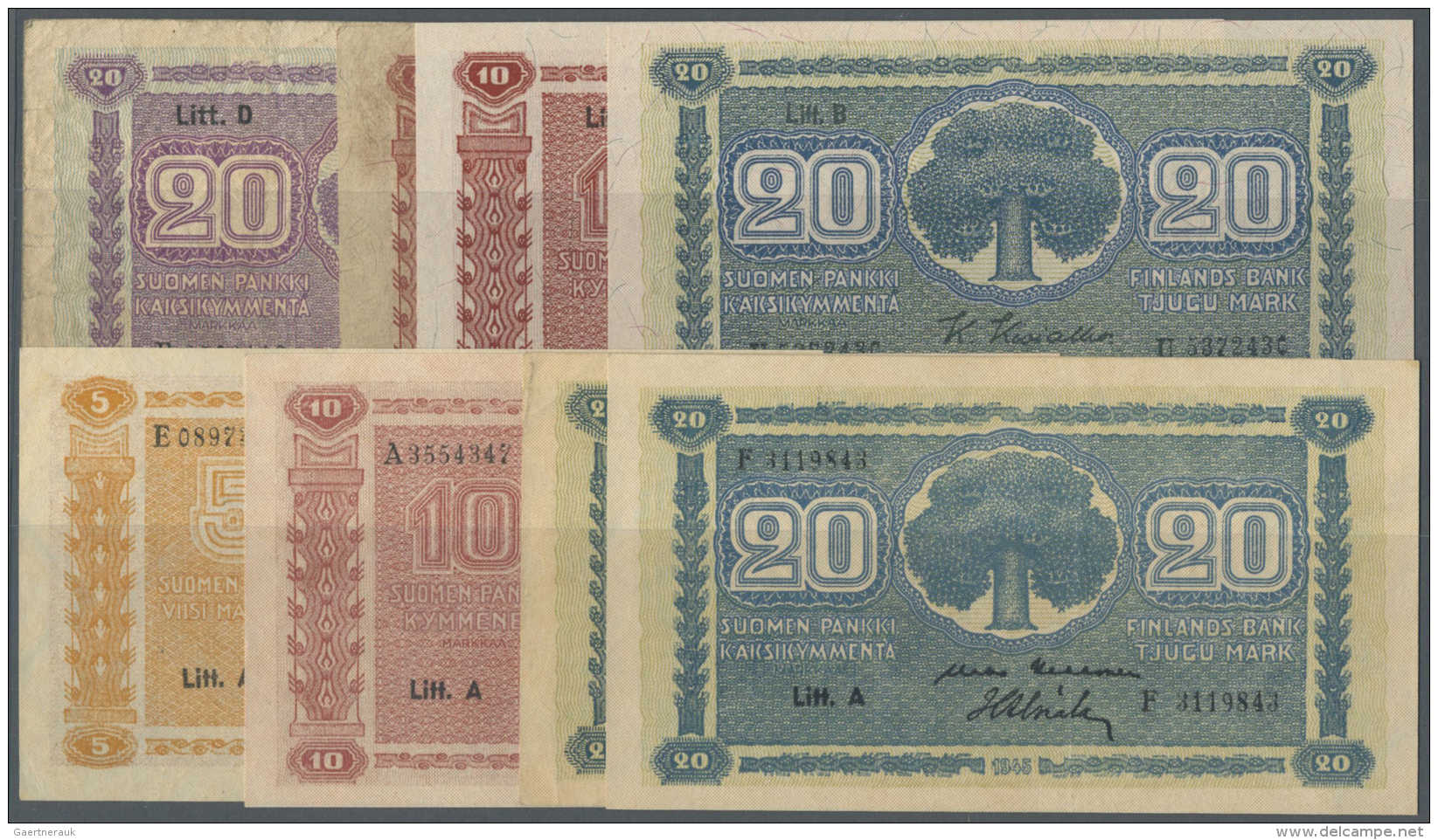 Finland / Finnland: Set Of 8 Notes Containing 20 Markkaa 1939 "Litt. D" P. 71 (F), 5 Markkaa 1945 "Litt. A" P. 76 (UNC), - Finlandia