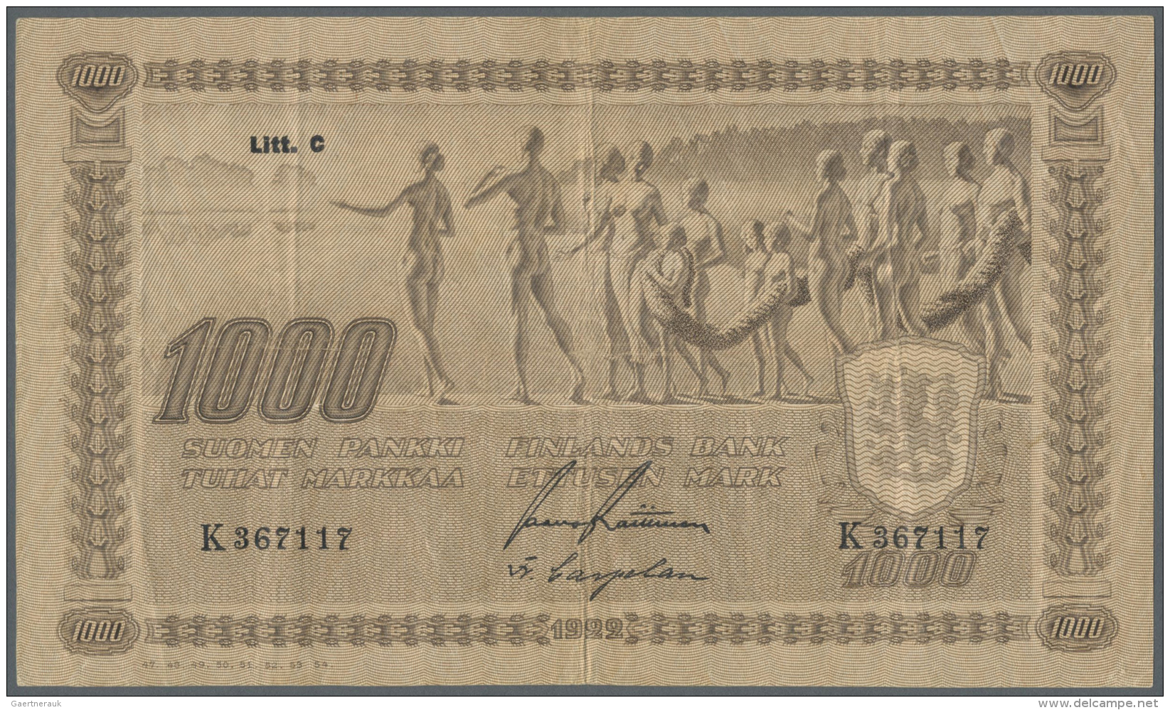 Finland / Finnland: 1000 Markkaa 1922 Litt. "C" P. 67a, Used With Vertical And Horizontal Folds But Without Holes Or Tea - Finlandia