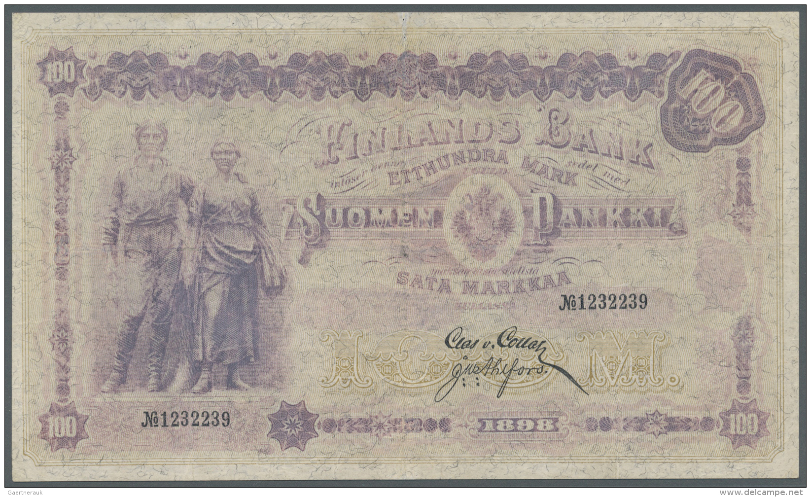 Finland / Finnland: 100 Markkaa 1898 P. 7c. This Seldom Seen Higher Denomination Of The 1898 Series Has Slight Folds And - Finlande