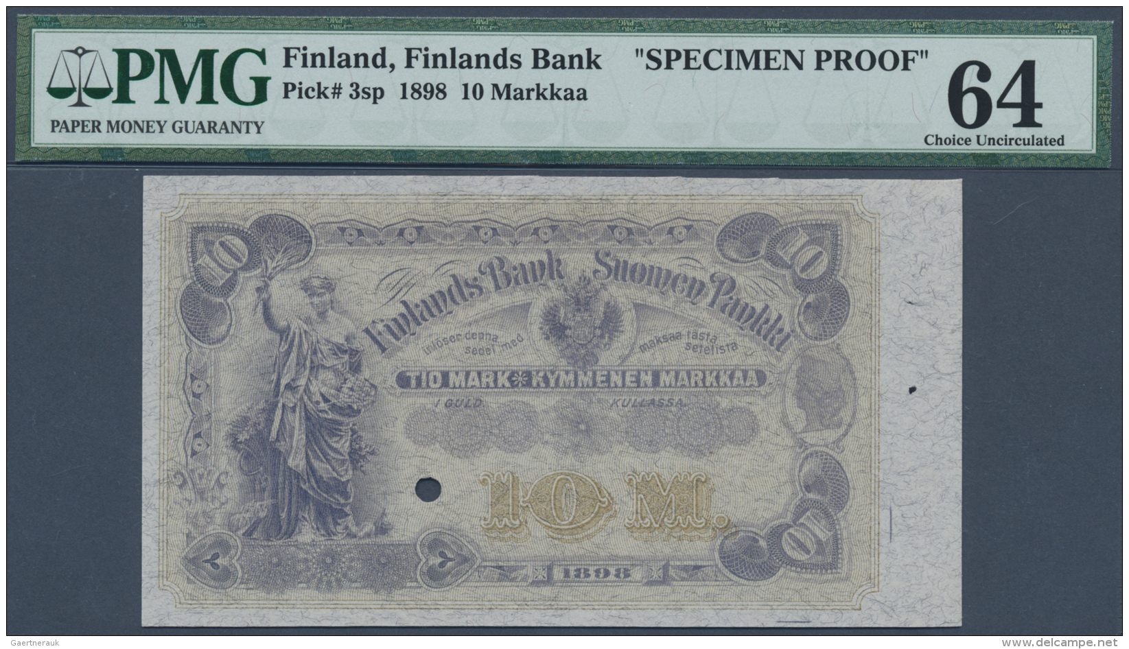 Finland / Finnland: Finlands Bank / Suomen Pankki 10 Markkaa Kullassa 1898 Front Proof Specimen, P.3sp With Punch Hole A - Finlande