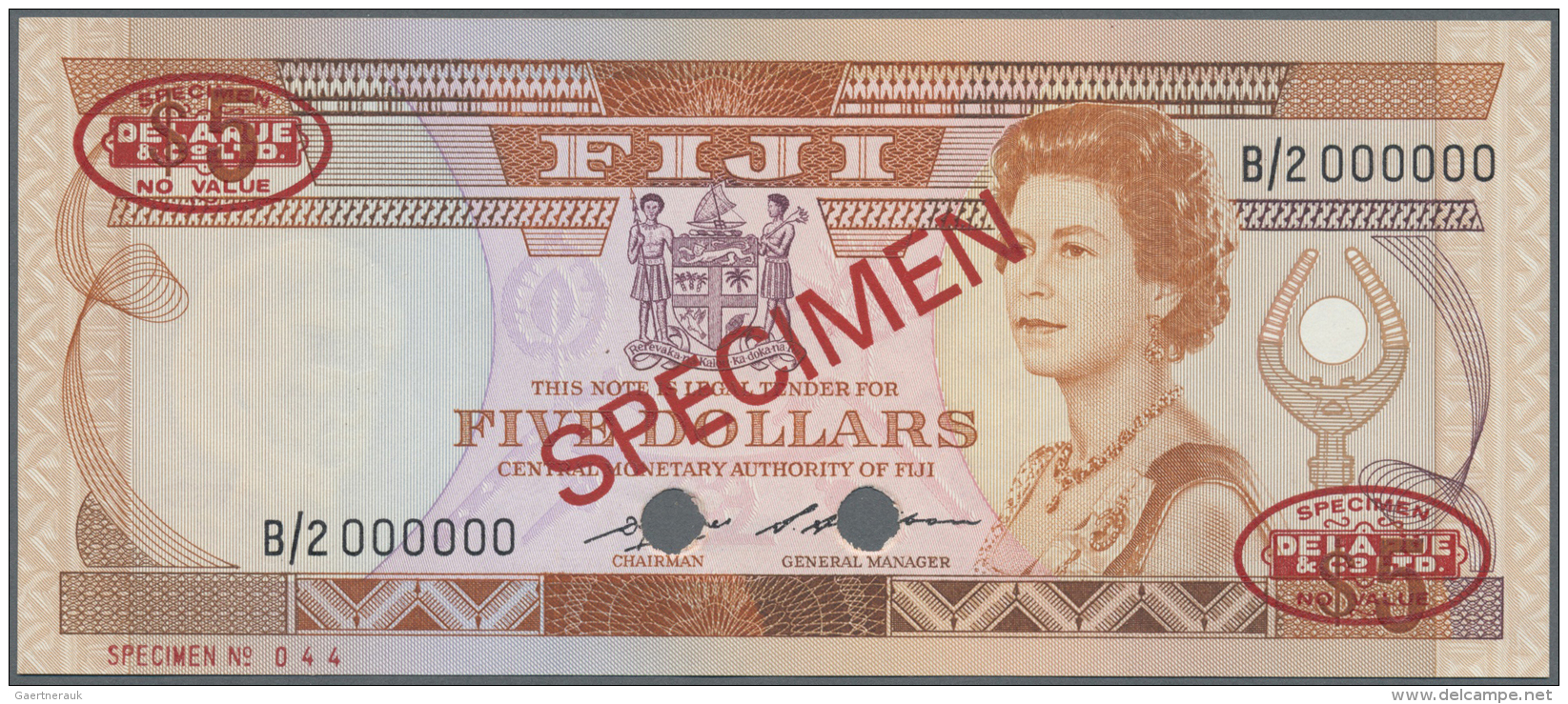 Fiji: 5 Dollars ND Specimen P. 83s With Red "Specimen" Overprint In Center On Front And Back, 2 Oval De La Rue Seals In - Fiji