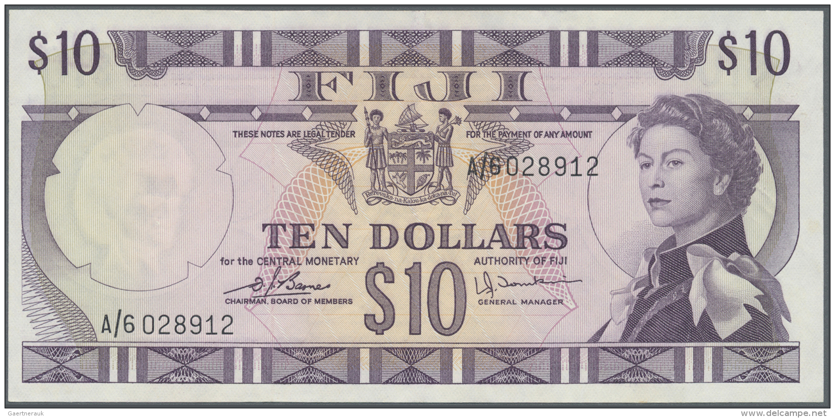 Fiji: 10 Dollars ND(1974) With Signatures: Barnes &amp; Tomkins, P.74c, Very Nice Looking Note With A Soft Vertical Fold - Fidji