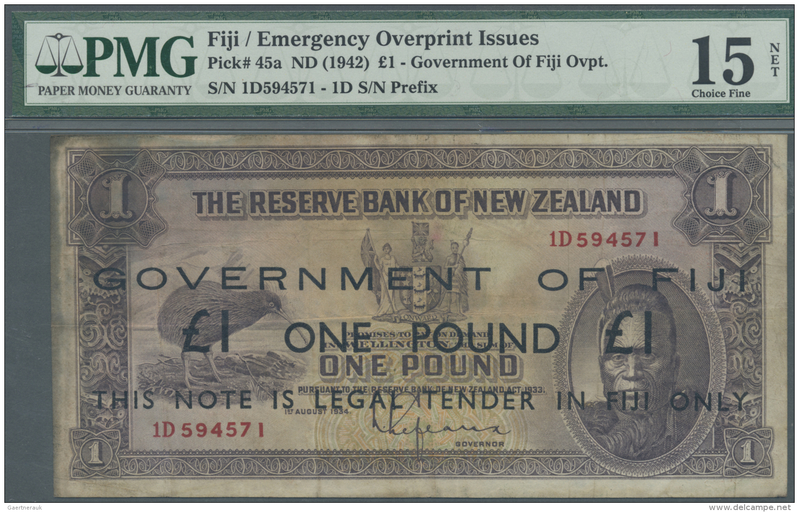 Fiji: 1 Pound Ovpt On New Zealand 1 Pound ND(1942) P. 45a, PMG Graded 15 Choice Fine NET. - Figi