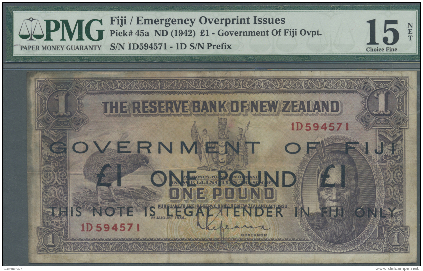 Fiji: 1 Pound Ovpt On New Zealand 1 Pound ND(1942) P. 45a, PMG Graded 15 Choice Fine NET. - Fiji