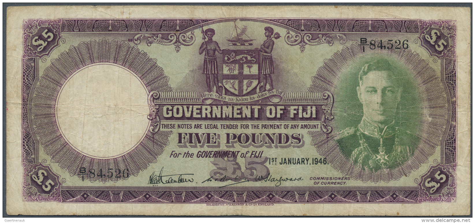 Fiji: 5 Pounds 1946, P.41c With Several Folds And Stained Paper, Obviously Washed. Condition: F - Fidji