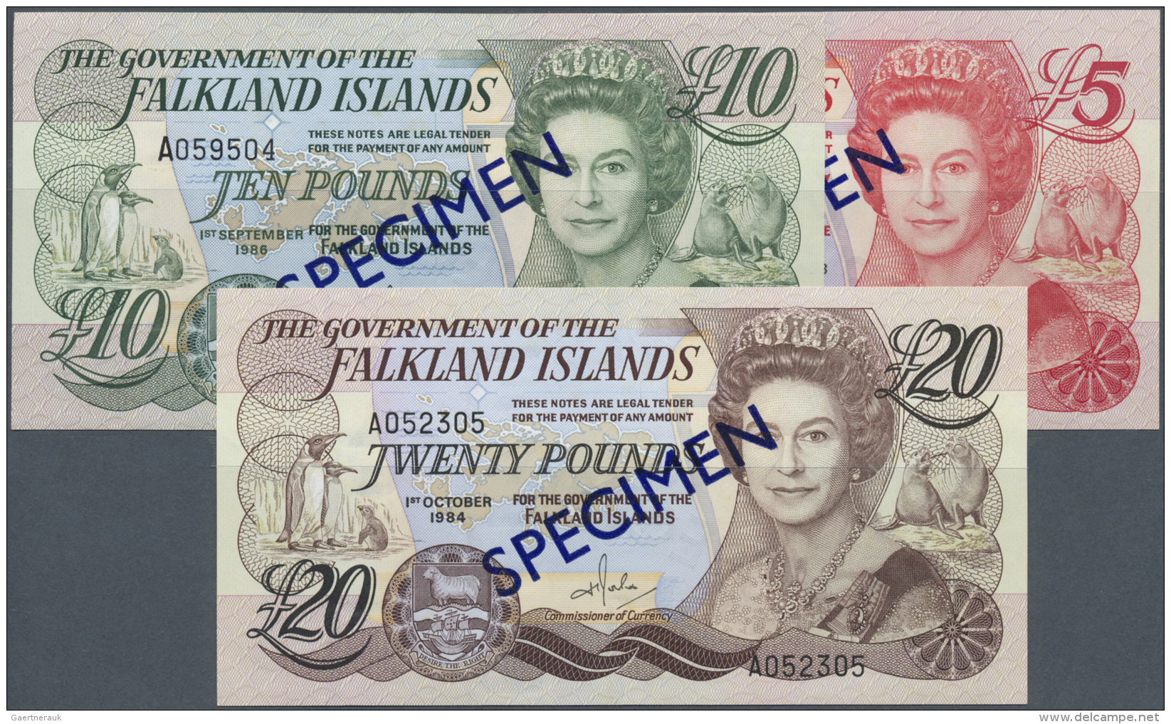 Falkland Islands / Falkland Inseln: Set Of 3 SPECIMEN Banknotes Containing 5 Pounds 1983 P. 12s, 10 Pounds 1986 P. 14s A - Isole Falkland