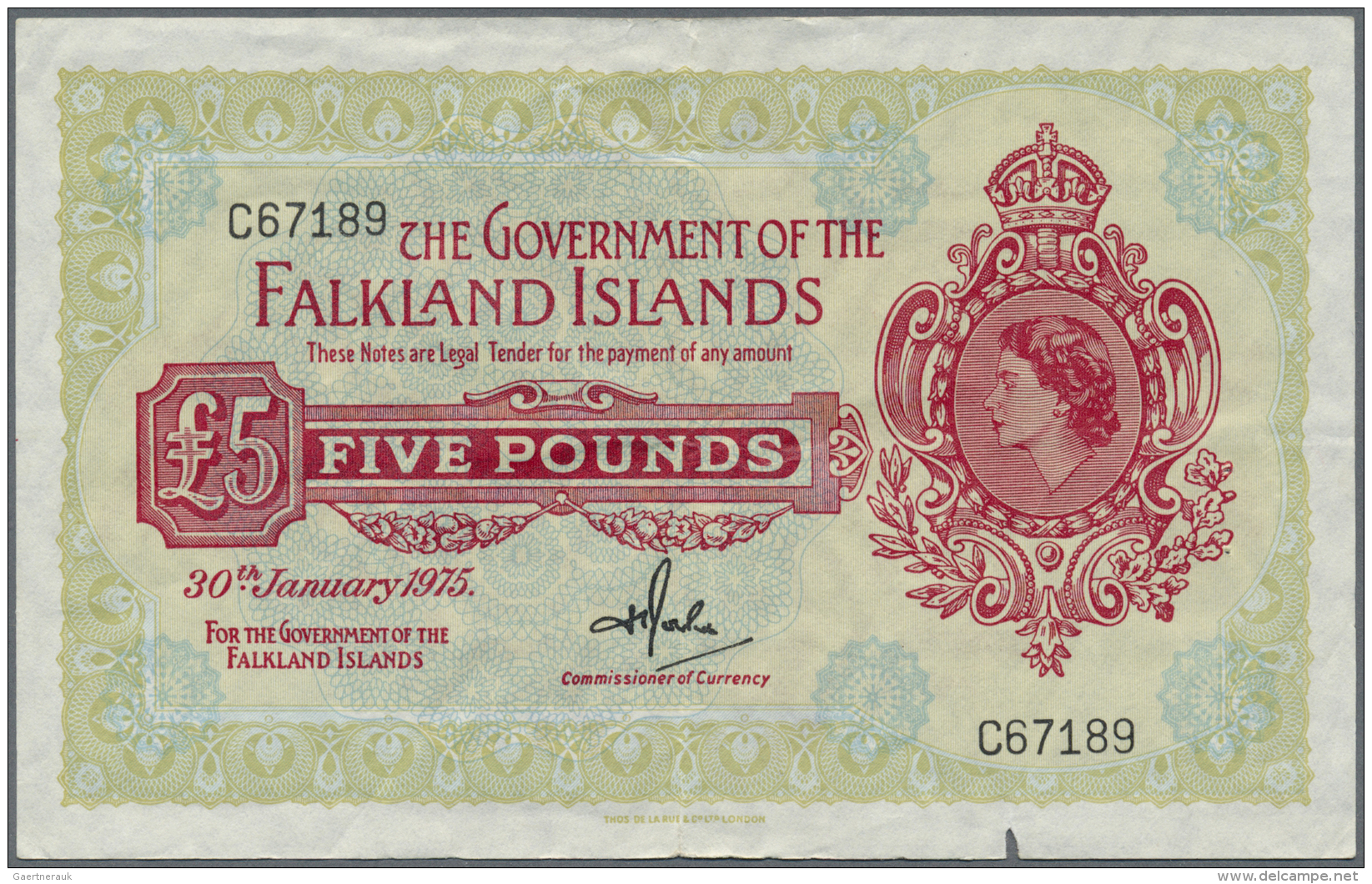 Falkland Islands / Falkland Inseln: 5 Pounds 1975 P. 9b, Portrait QEII, Vertical And Horizontal Fold, Creases In Paper, - Isole Falkland