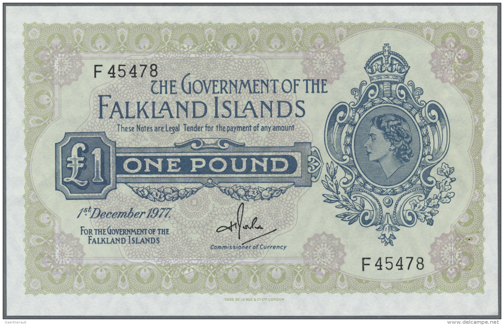 Falkland Islands / Falkland Inseln: 1 Pound 1977 P. 8c, Portrait QEII, Dints At Right, 2 Pinholes,one Light Bend At Left - Isole Falkland