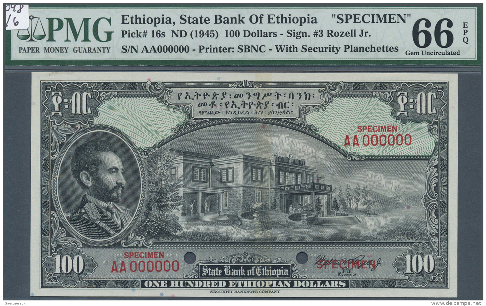Ethiopia / &Auml;thiopien: 100 Dollars ND(1945) Specimen P. 16s, PMG Graded 66 Gem UNC EPQ. - Ethiopie