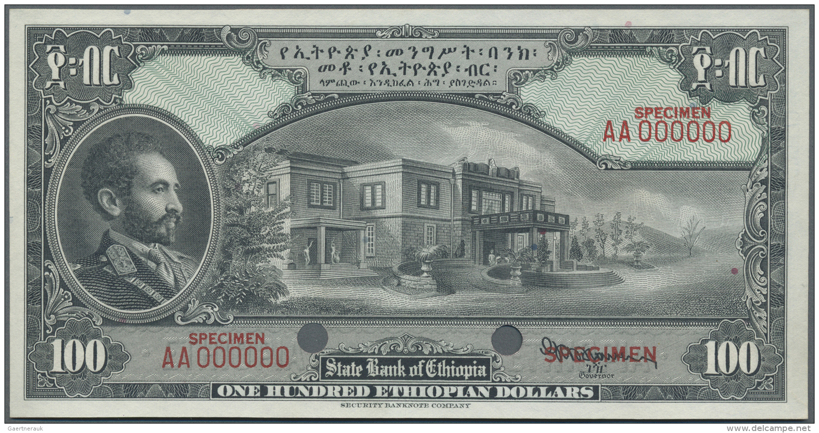 Ethiopia / &Auml;thiopien: 100 Dollars ND Specimen P. 16s, 2 Cancellation Holes, Specimen Overprints And Zero Serial Num - Etiopia