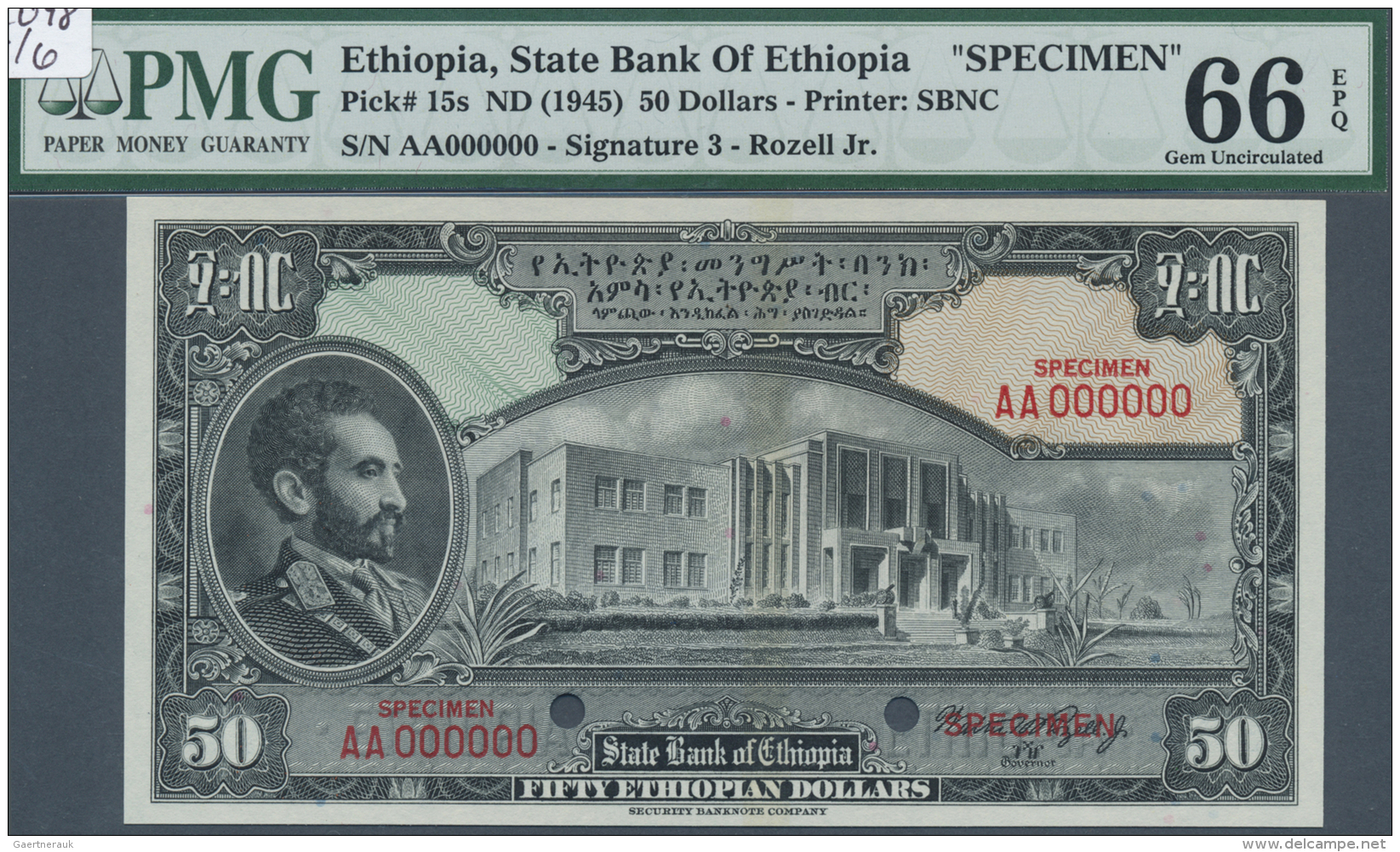 Ethiopia / &Auml;thiopien: 50 Dollars ND(1945) Specimen P. 15s, PMG Graded 66 GEM UNC EPQ. - Ethiopie
