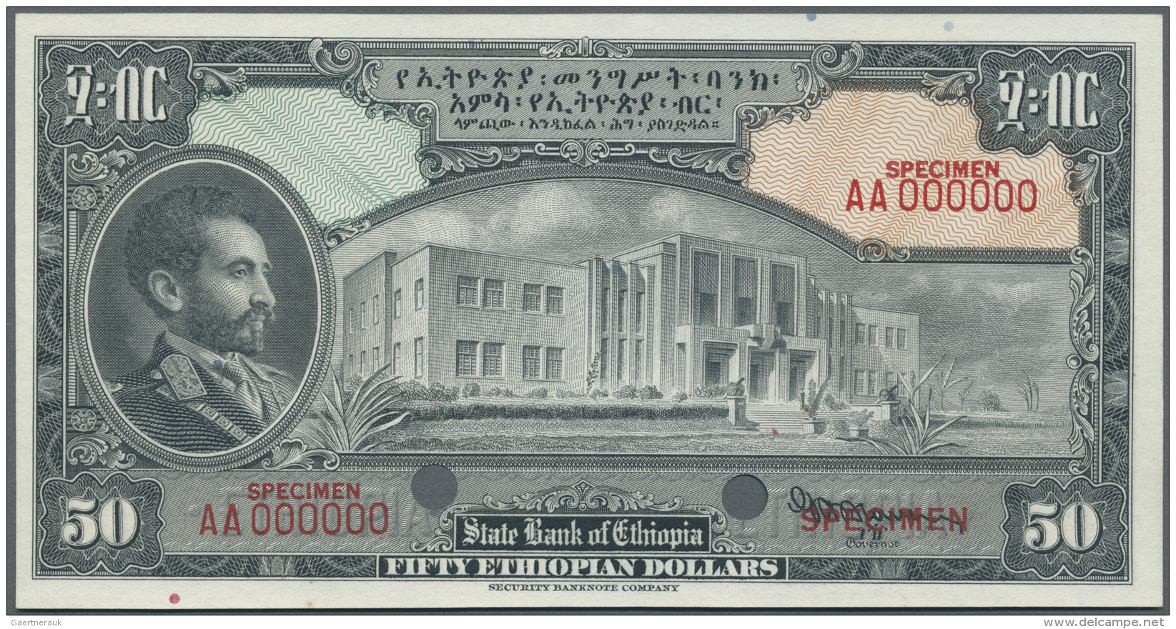 Ethiopia / &Auml;thiopien: 50 Dollars ND Specimen P. 15s, 2 Cancellation Holes, Specimen Overprints And Zero Serial Numb - Ethiopie