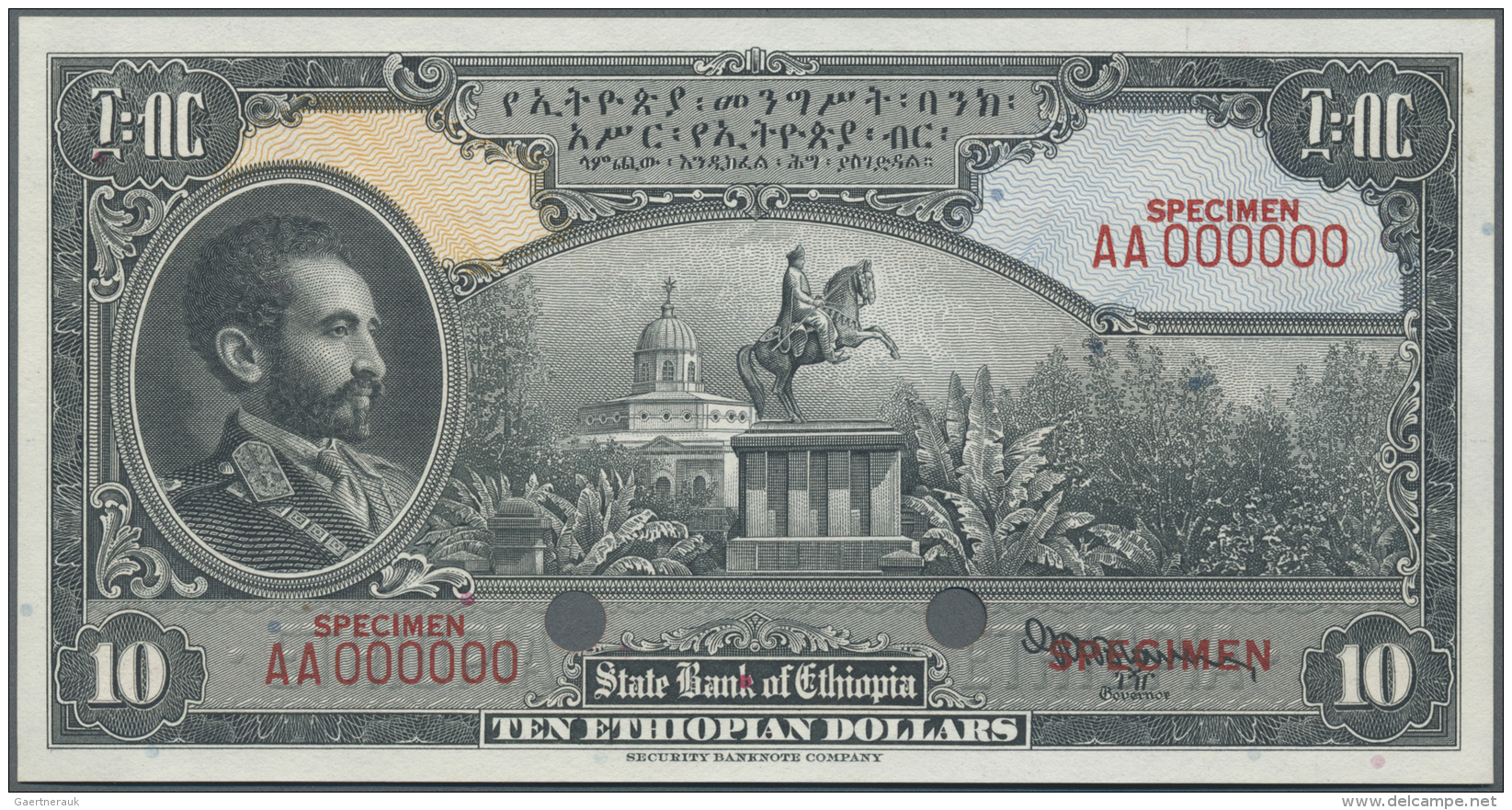 Ethiopia / &Auml;thiopien: 10 Dollars ND Specimen P. 14s, 2 Cancellation Holes, Specimen Overprints And Zero Serial Numb - Ethiopie