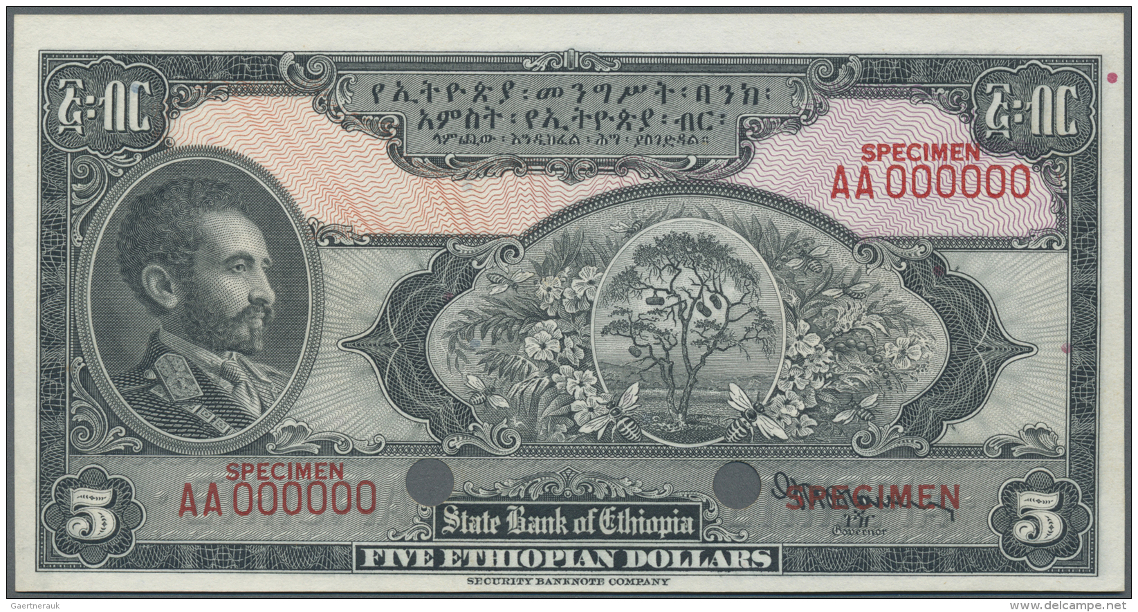 Ethiopia / &Auml;thiopien: 5 Dollar ND Specimen P. 13s, 2 Cancellation Holes, Specimen Overprints And Zero Serial Number - Etiopia
