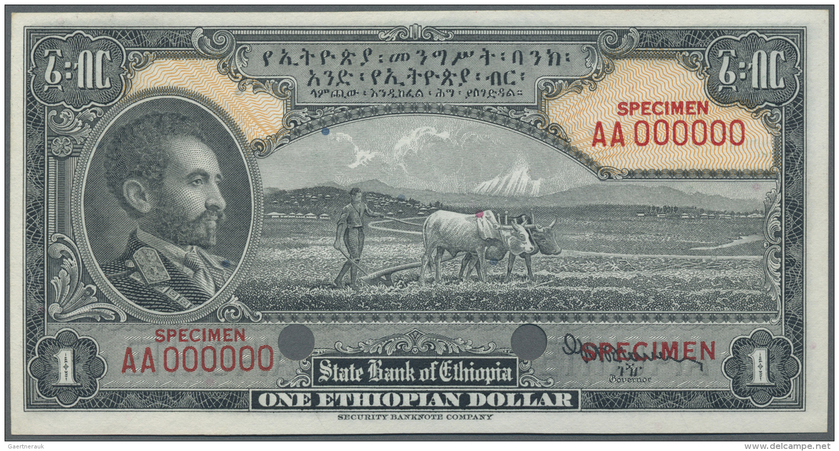 Ethiopia / &Auml;thiopien: 1 Dollar ND Specimen P. 12s, 2 Cancellation Holes, Specimen Overprints And Zero Serial Number - Ethiopie