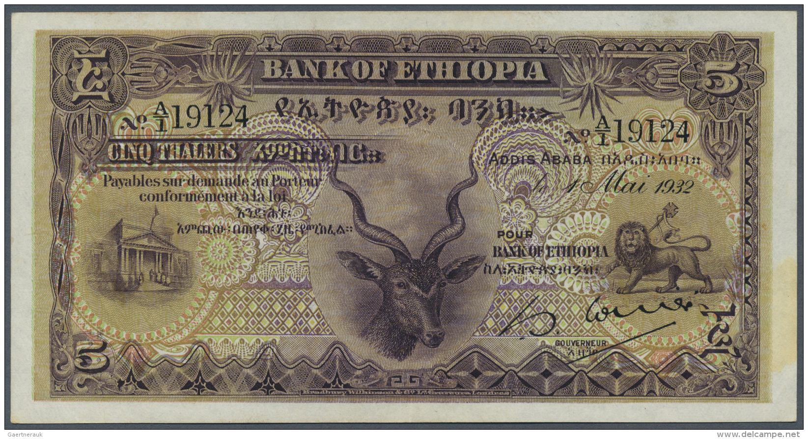 Ethiopia / &Auml;thiopien: 5 Thalers 1932, P.7, Very Nice Looking Note With A Very Soft Vertical Bend, Some Other Minor - Etiopia