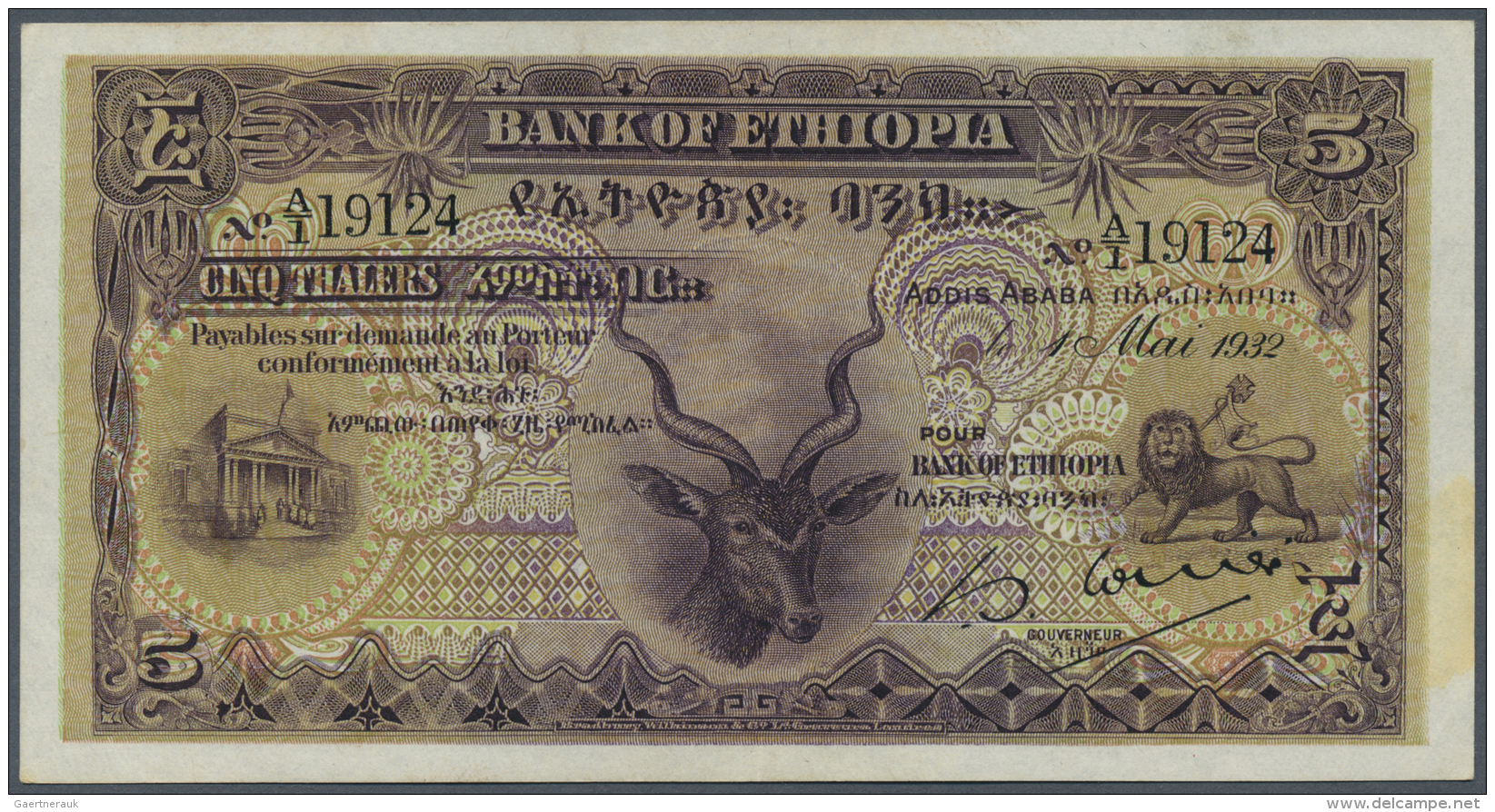 Ethiopia / &Auml;thiopien: 5 Thalers 1932, P.7, Very Nice Looking Note With A Very Soft Vertical Bend, Some Other Minor - Ethiopia