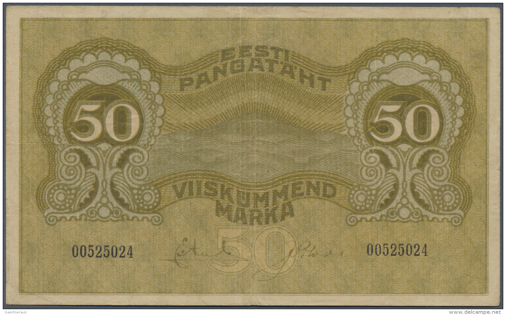 Estonia / Estland: 50 Marka 1919 P. 55, Used With Center Fold And Border Dints, No Holes Or Tears, Still Strongness In P - Estonia