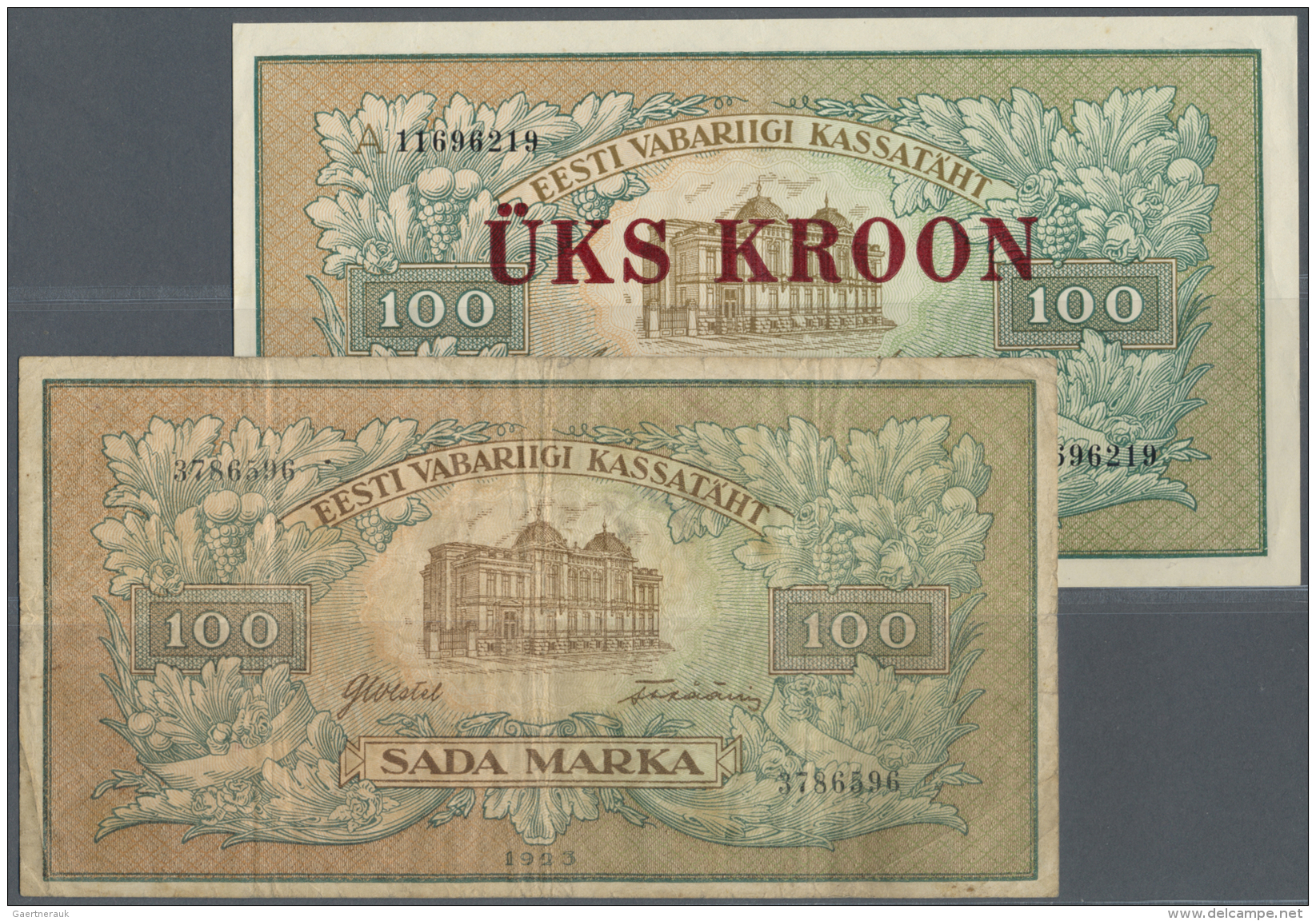 Estonia / Estland: Set Of 2 Notes Containing 100 Marka 1923 P. 51a, Without Serial Prefix, Used With Several Folds And C - Estonie