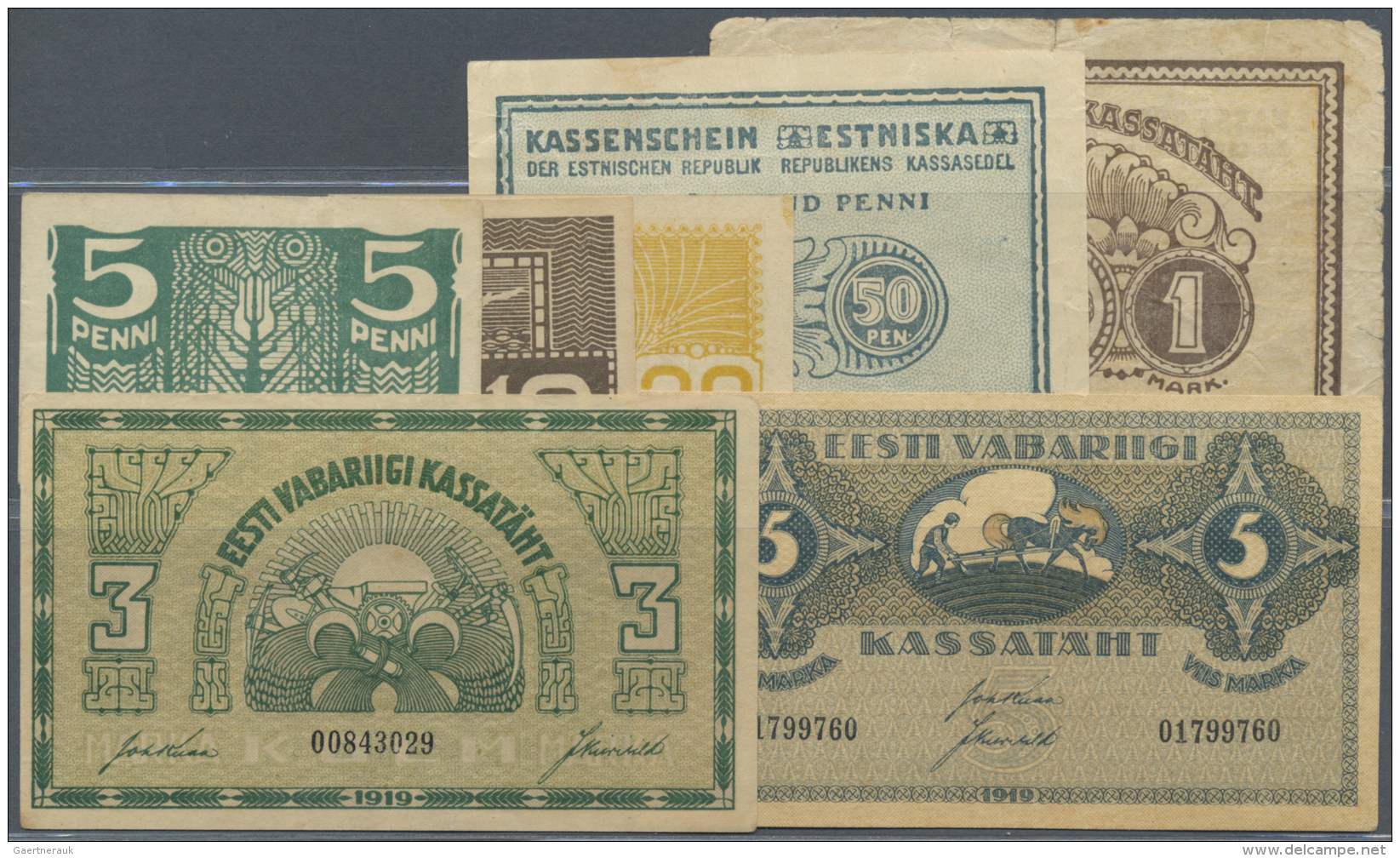 Estonia / Estland: Set Of 7 Different Banknotes From The Series Of 1919-1921 Containting 5 Penni P. 39 (F+), 10 Penni P. - Estonie