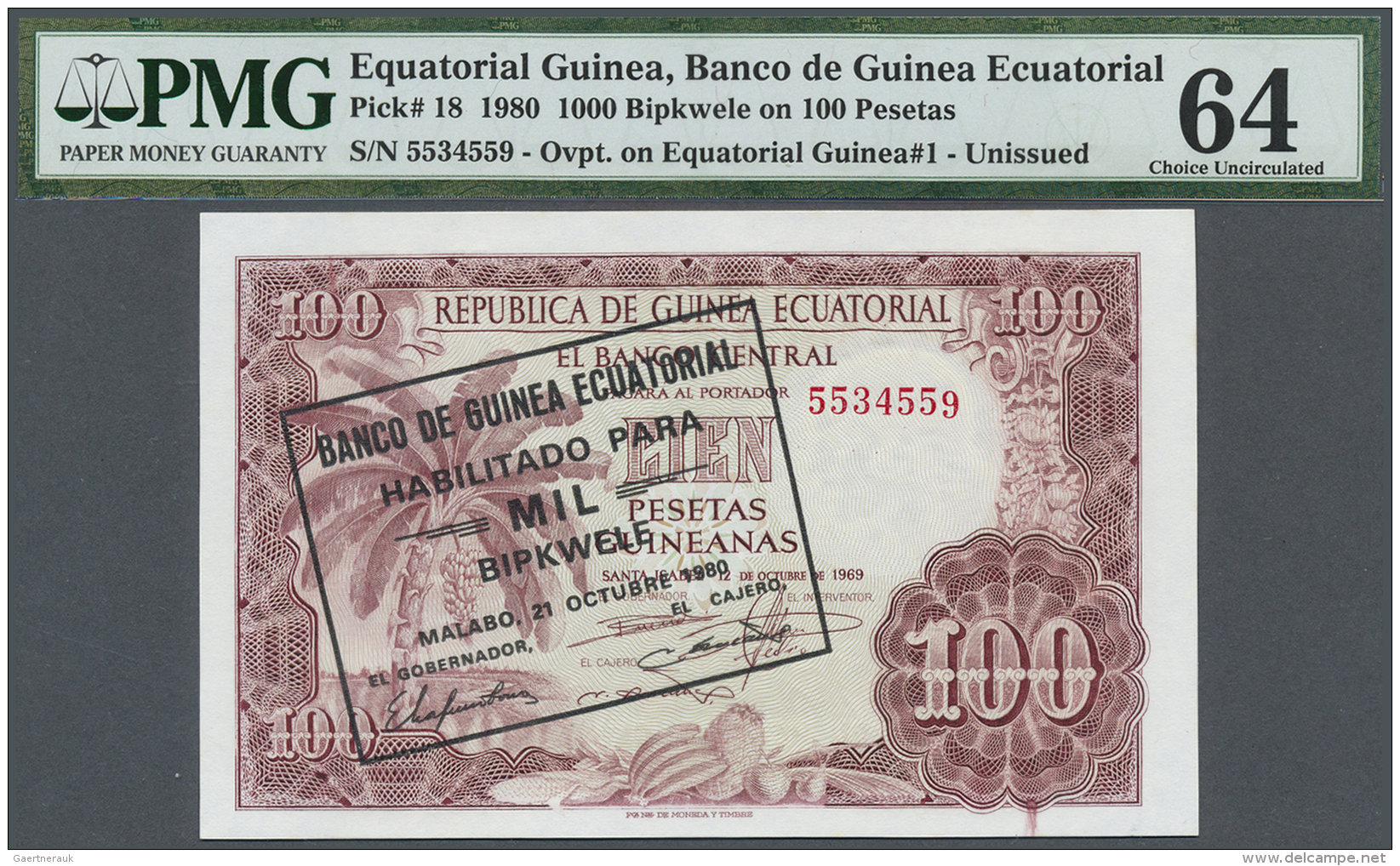 Equatorial Guinea / &Auml;quatorialguinea: Equatorial Guinea 1000 Bipkwele On 100 Pesetas 1969 (new Date 1980) P. 18, PM - Guinée Equatoriale