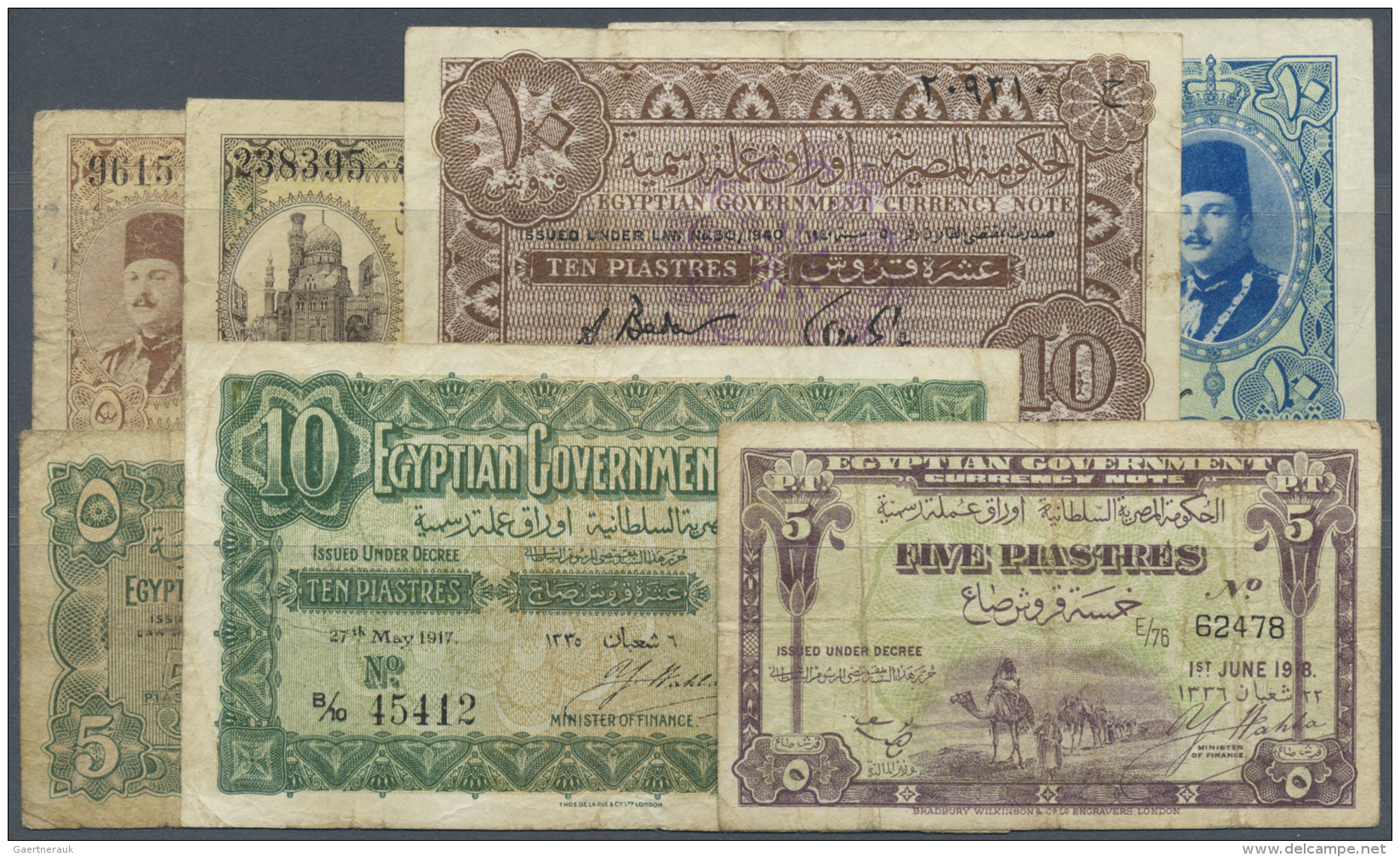 Egypt / &Auml;gypten: Set Of 7 Different Banknotes Containing 10 Piastres 1917 P. 160 (F), 5 Piastres 1918 P. 162 (F), 5 - Egypte