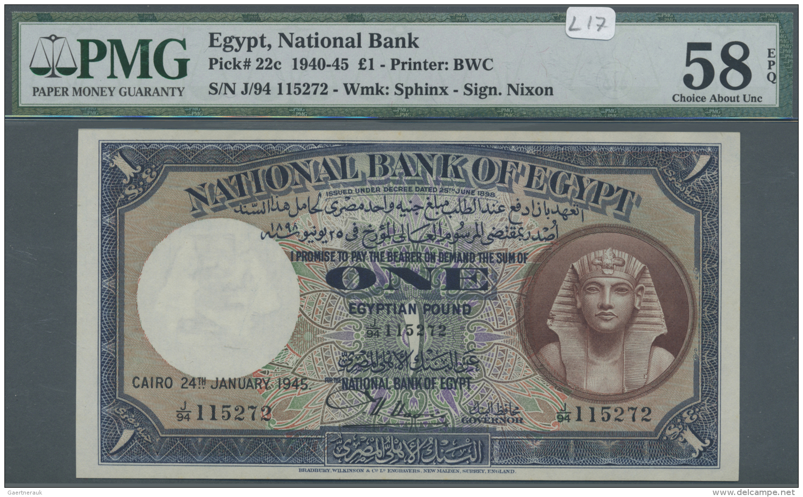Egypt / &Auml;gypten: Egypt: 1 Pound ND(1940-45) P. 22c, PMG Graded 58 Choice About UNC EPQ. - Egypte