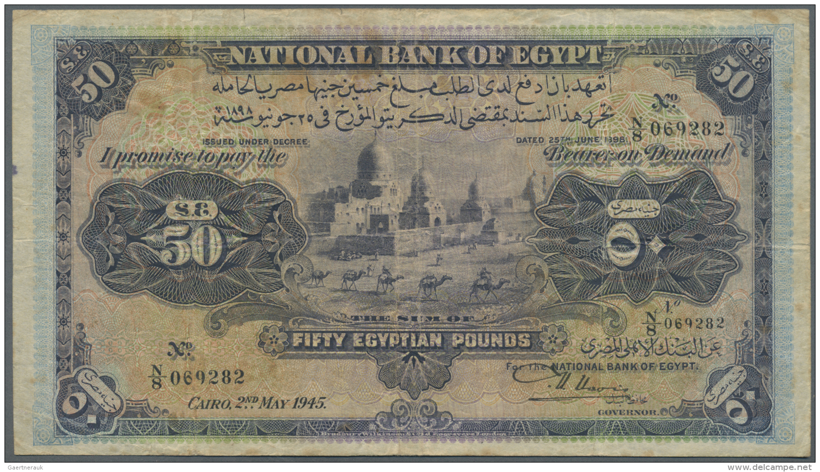 Egypt / &Auml;gypten: Egypt: 50 Pounds 1945 P. 15d, Used With Stained But Still Strong Paper, Horizontal And Vertical Fo - Egitto