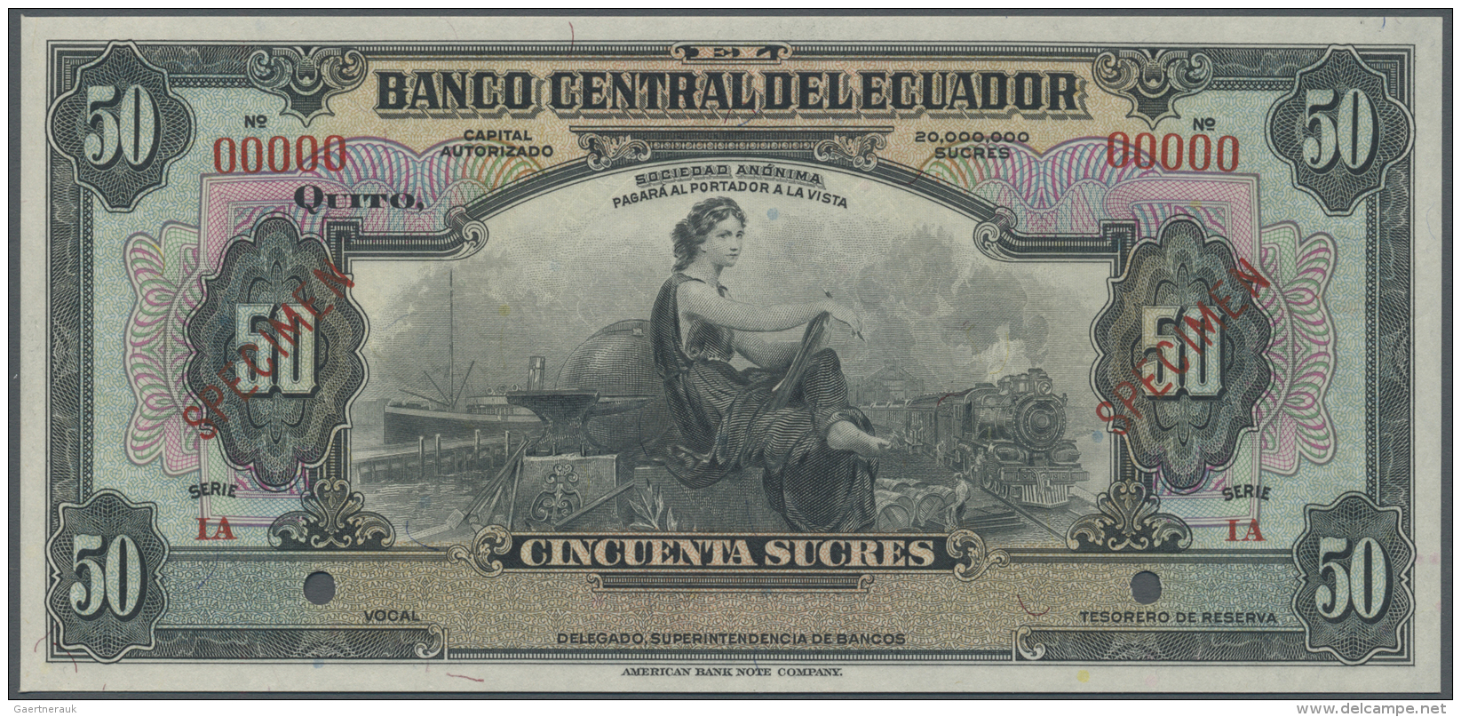 Ecuador: Banco Central Del Ecuador 50 Sucres 1939 SPECIMEN, P.94s With Red Overprint "Specimen" At Left And Right And Pu - Ecuador