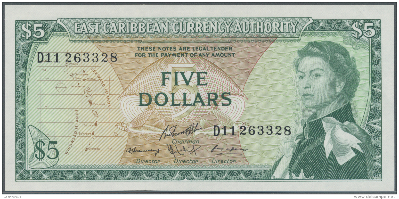East Caribbean States  / Ostkaribische Staaten: 5 Dollars ND(1965) P. 14h, Light Handling In Paper, Condition: AUNC. - Caraïbes Orientales