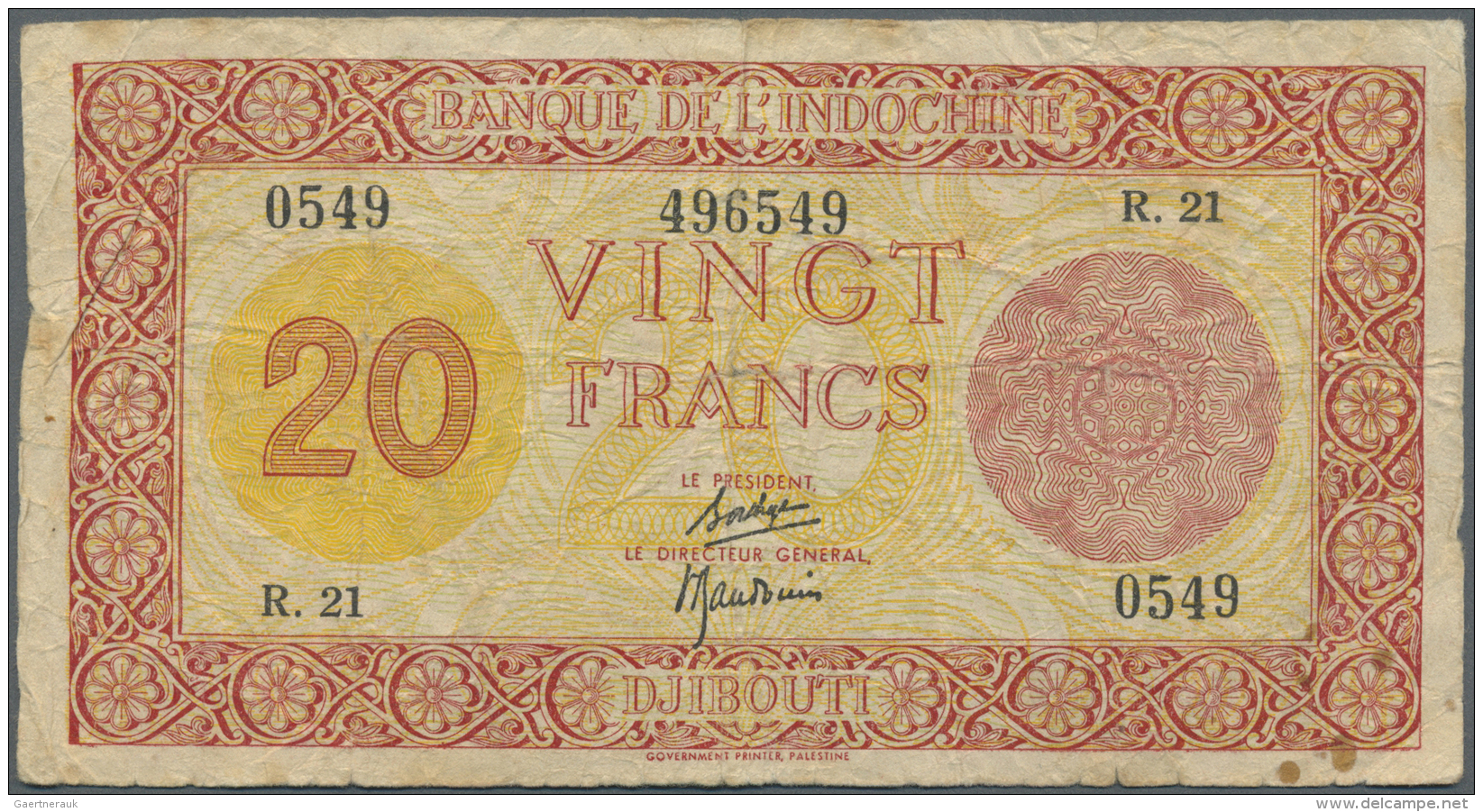 Djibouti / Dschibuti: 20 Francs ND(1945) P. 15, Palestine Print, Several Folds And Creases In Paper, Some Softness In Pa - Djibouti