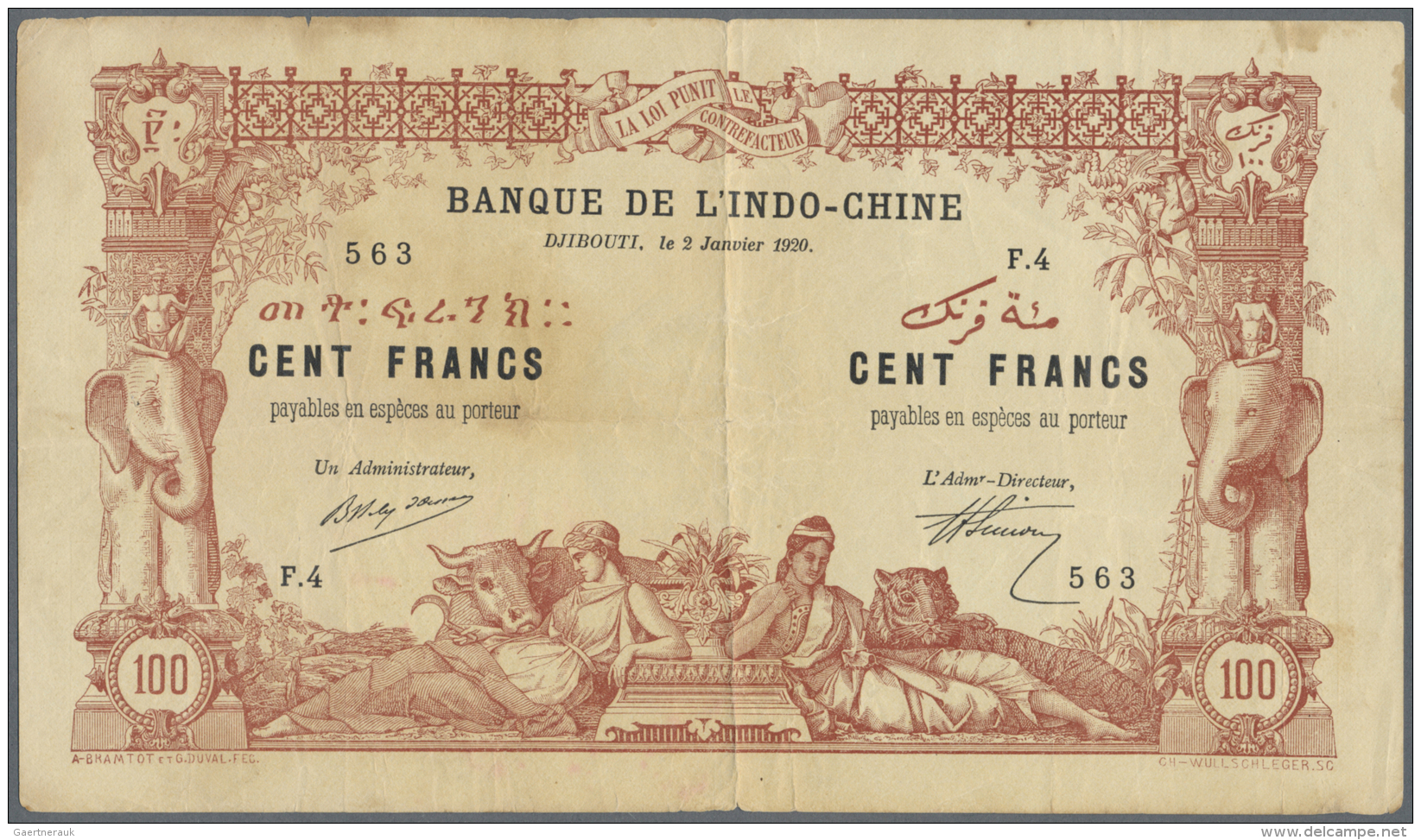 Djibouti / Dschibuti: 100 Francs Banque De L'Indo-Chine, January 2nd 1920, P.5, Stained And Yellowed Paper With Several - Djibouti