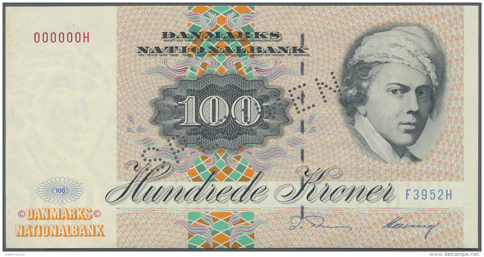 Denmark  / D&auml;nemark: 100 Kroner 1995 Specimen P. 54Cs, Specimen Perforation, Zero Serial Numbers, One Vertical Fold - Danimarca