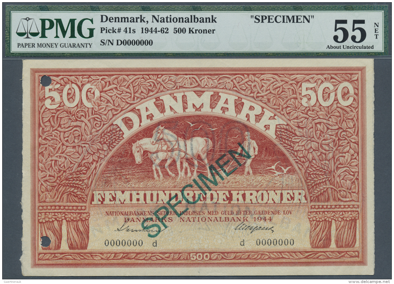 Denmark  / D&auml;nemark: 500 Kroner 1944 SPECIMEN, P.41s With Cancellation Holes At Left, Serial Number D0000000 And Gr - Danimarca