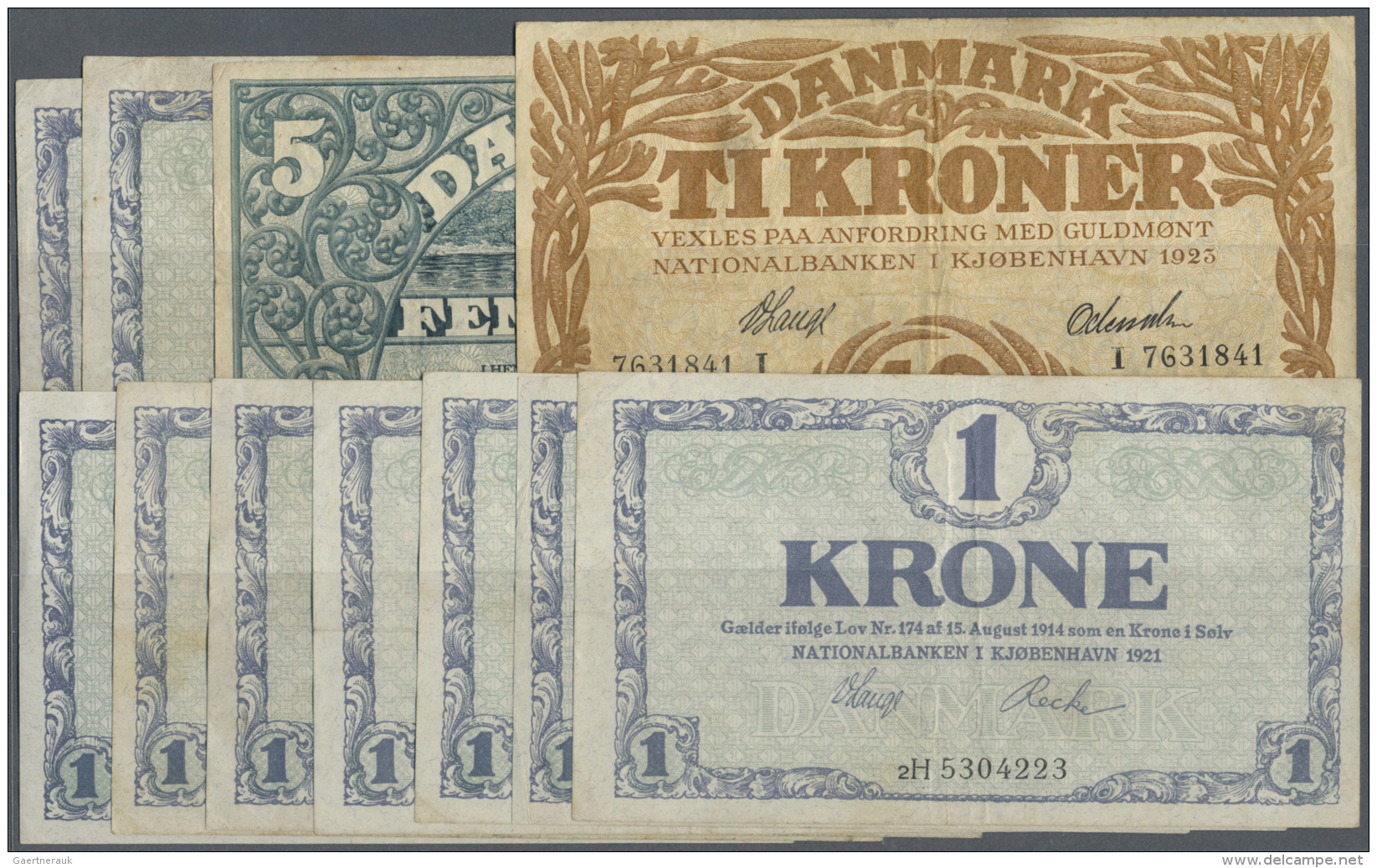 Denmark  / D&auml;nemark: Set With 10 Banknotes Containing 8 X 1 Krone 1921, 5 Kroner 1924 And 10 Kroner 1923, P.12, 20, - Danemark