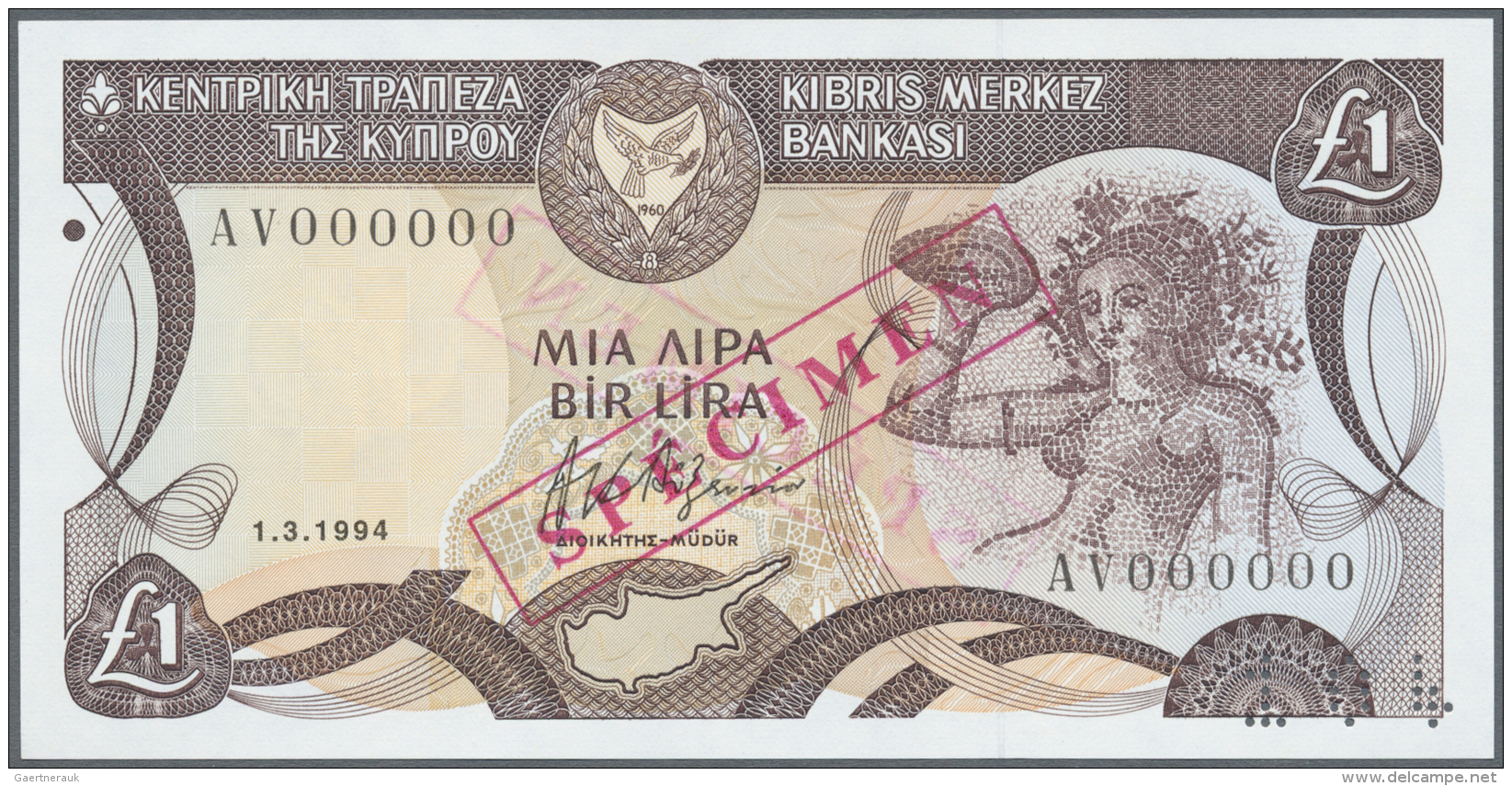 Cyprus / Zypern: 1 Pound 1994 Specimen P. 53cs With Specimen Number Perforation 104 At Lower Right, Red Stamp Specimen A - Chypre
